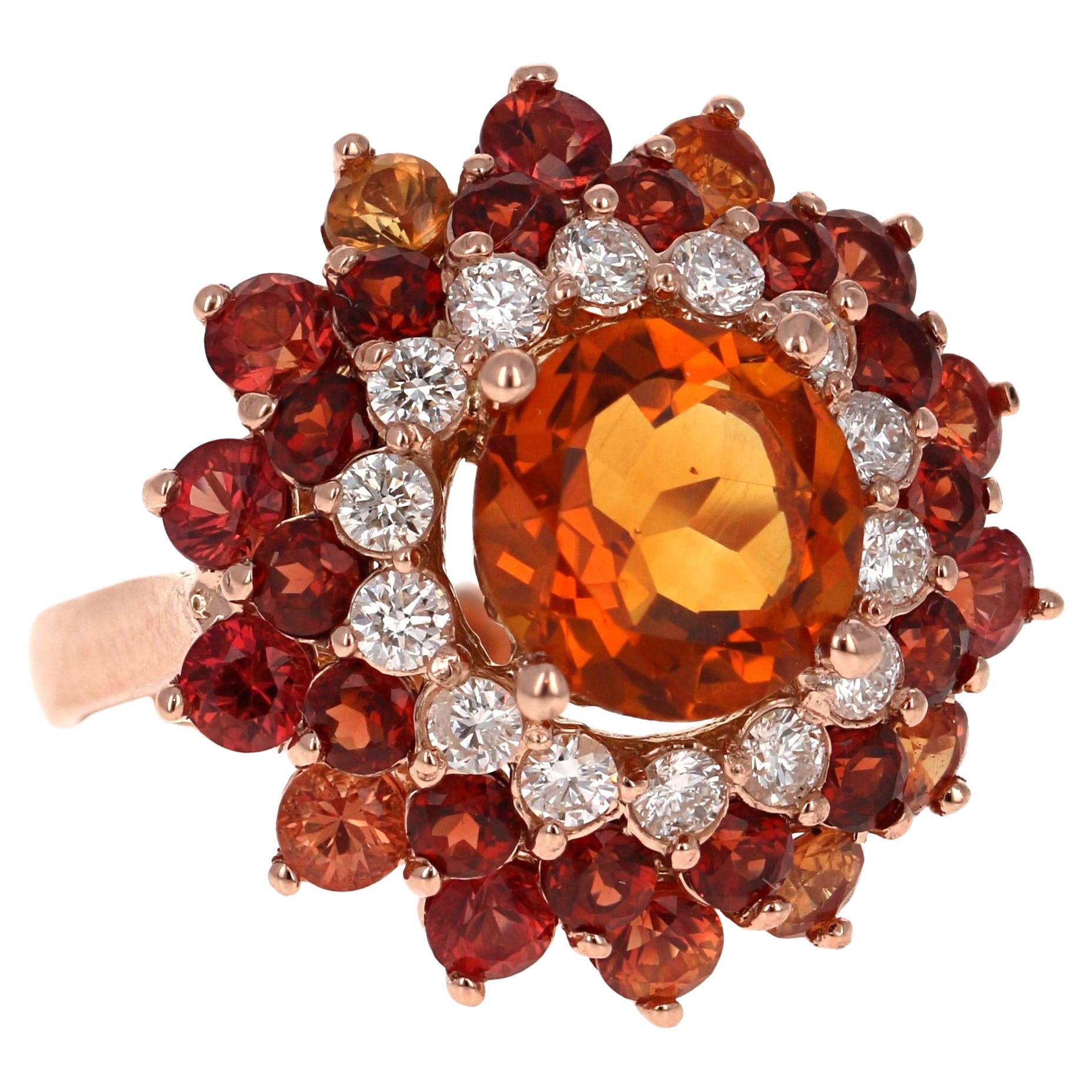 Bague cocktail en or rose avec saphir, citrine et diamants