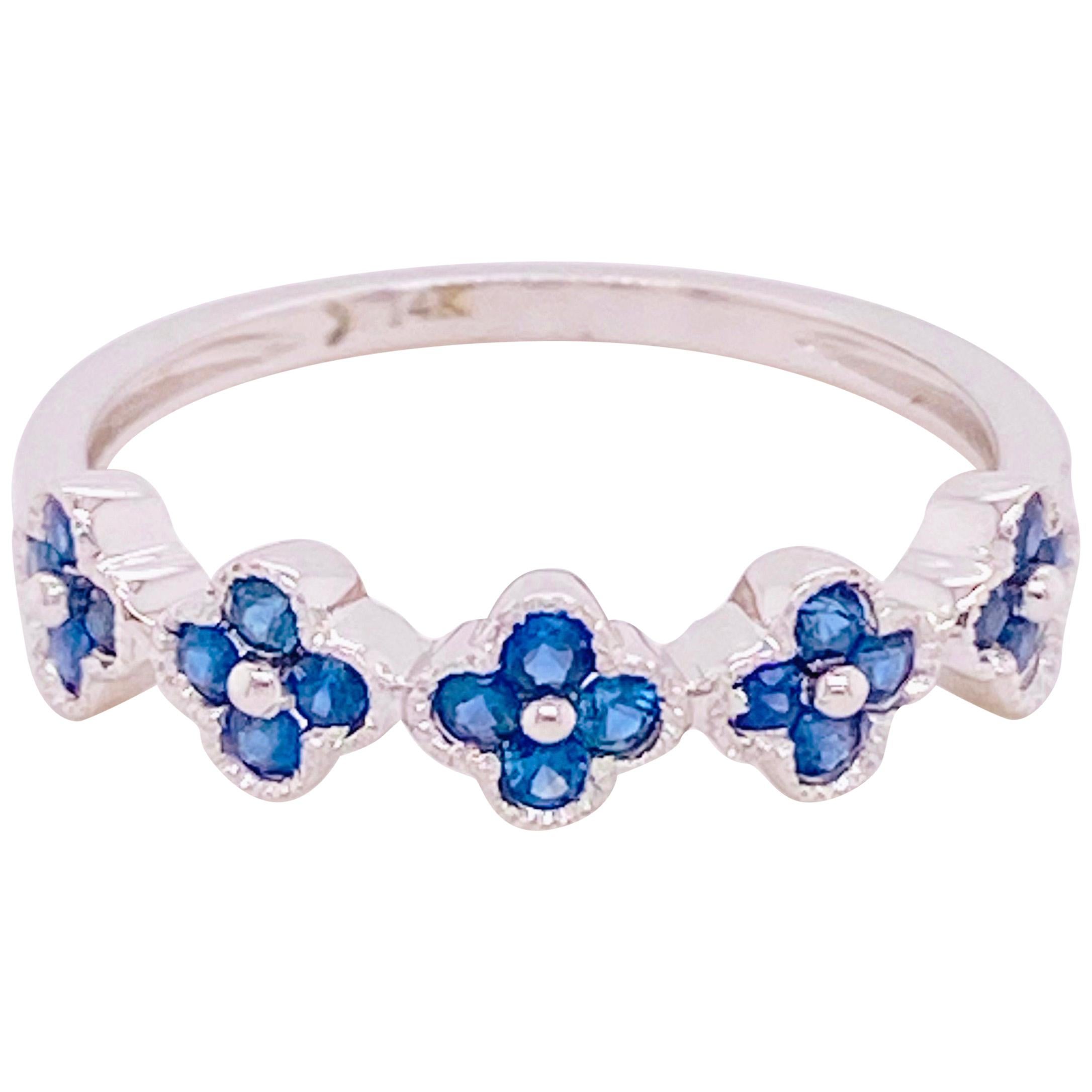 Sapphire Clover Ring, Blue Sapphire, 14 Karat White Gold, Flower, Stack