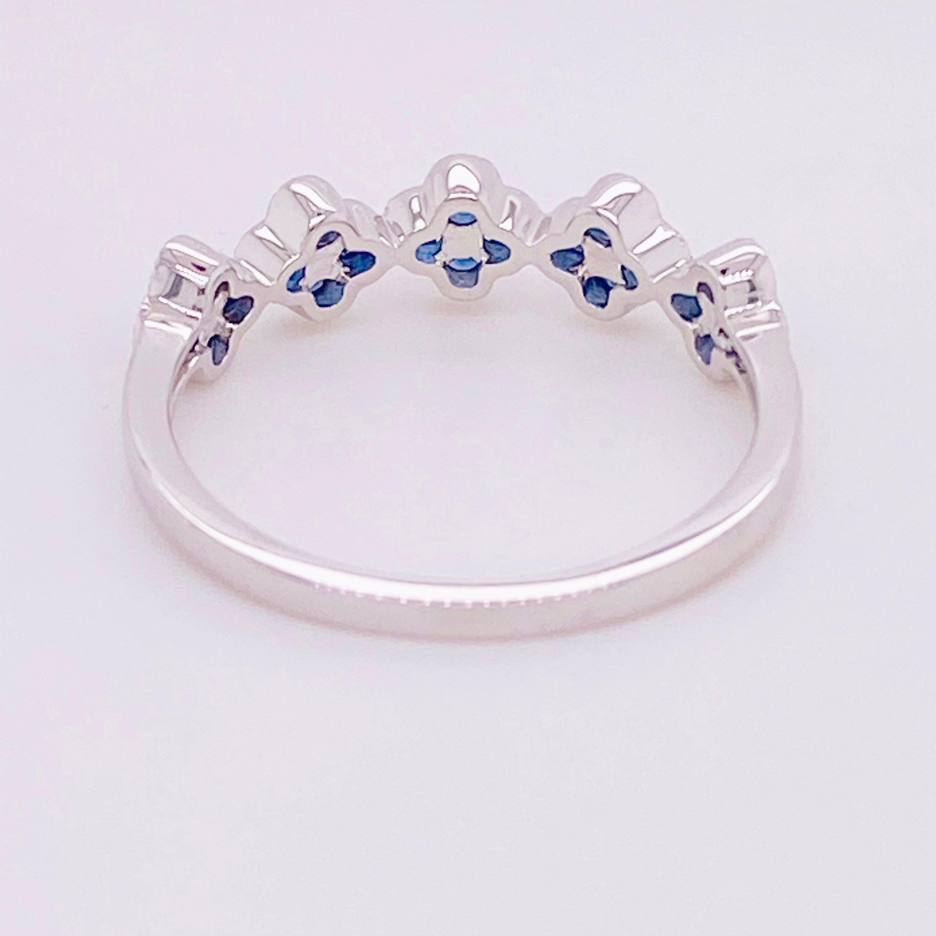 Modern Sapphire Clover Ring, Blue Sapphire, 14 Karat White Gold, Flower, Stack