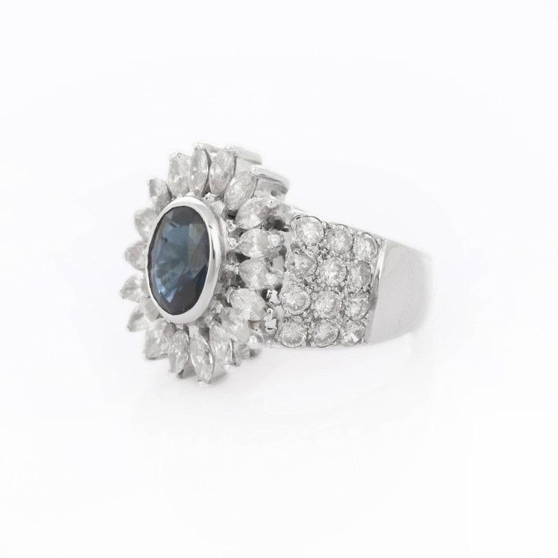 Oval Cut 18k Solid White Gold Blue Sapphire and Diamond Big Flower Ring For Sale