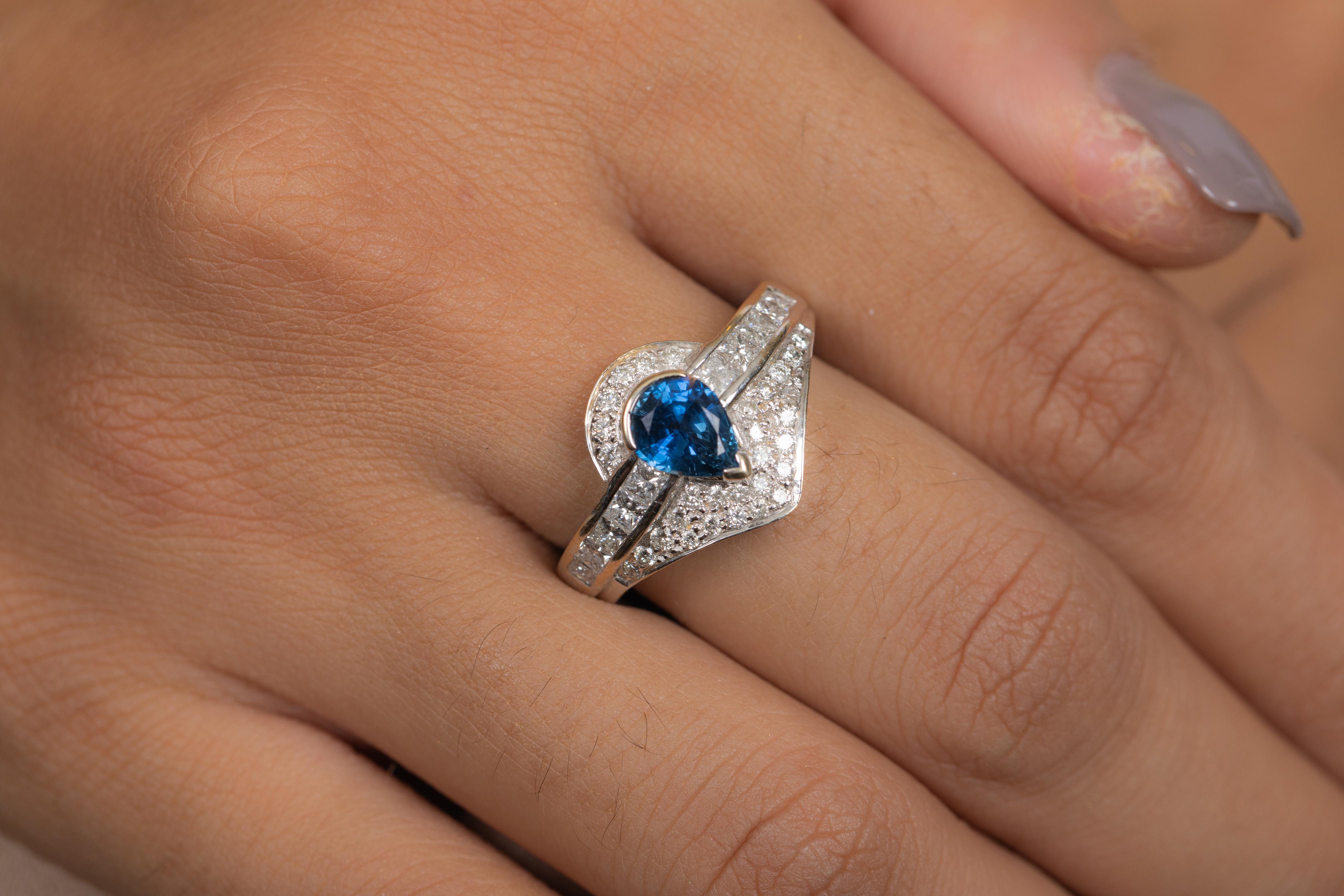 Mixed Cut Blue Sapphire Statement Ring in 18k Solid White Gold with Diamonds For Sale