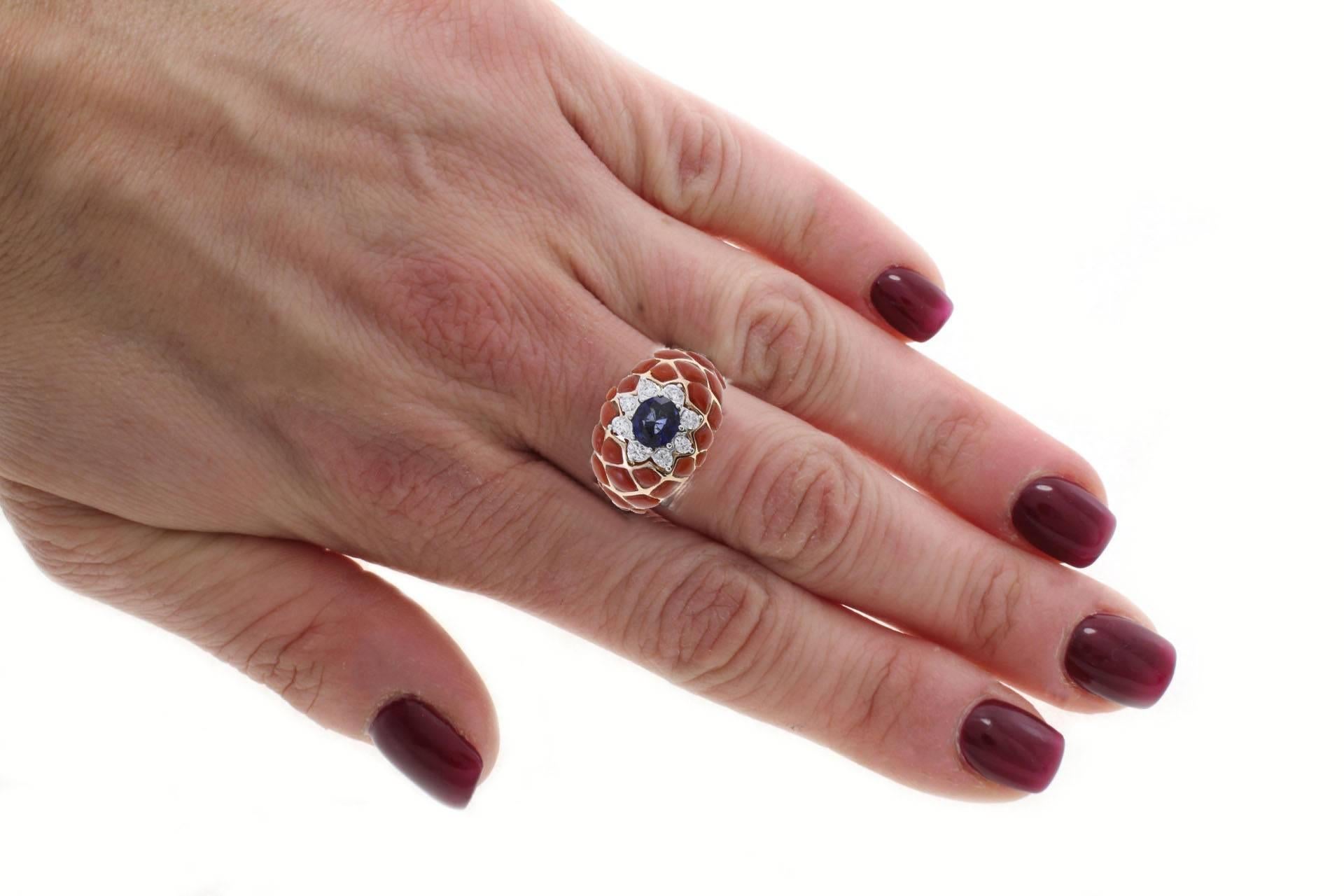 Sapphire Coral Diamond Gold Ring In Good Condition In Marcianise, Marcianise (CE)