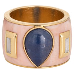 Breites Saphir-Koralle-Diamant-Ring Gr. 5,5, Vintage 18k Gelbgold Jewelry