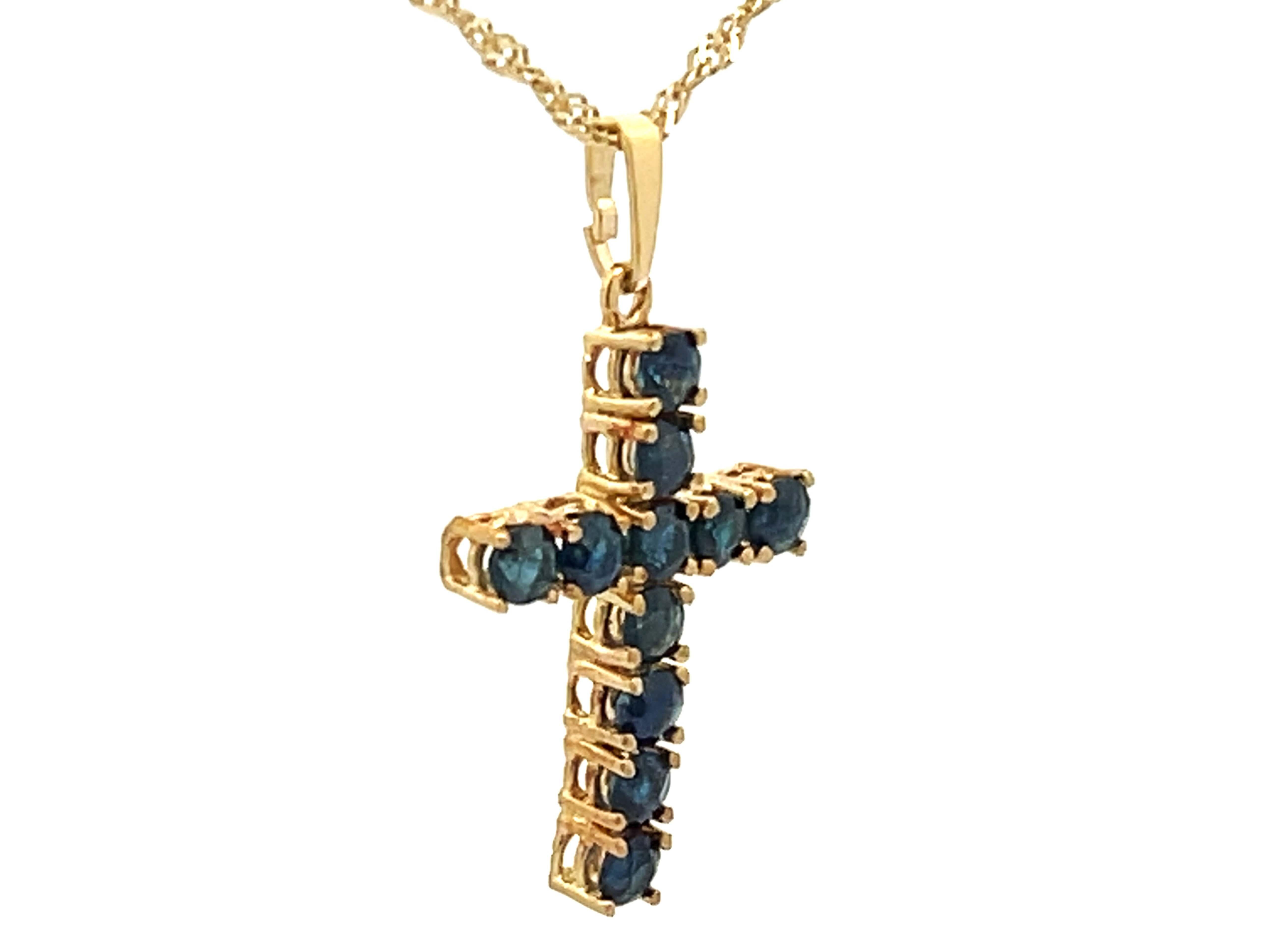 Modern Sapphire Cross Pendant and Disco Chain 14k Yellow Gold For Sale