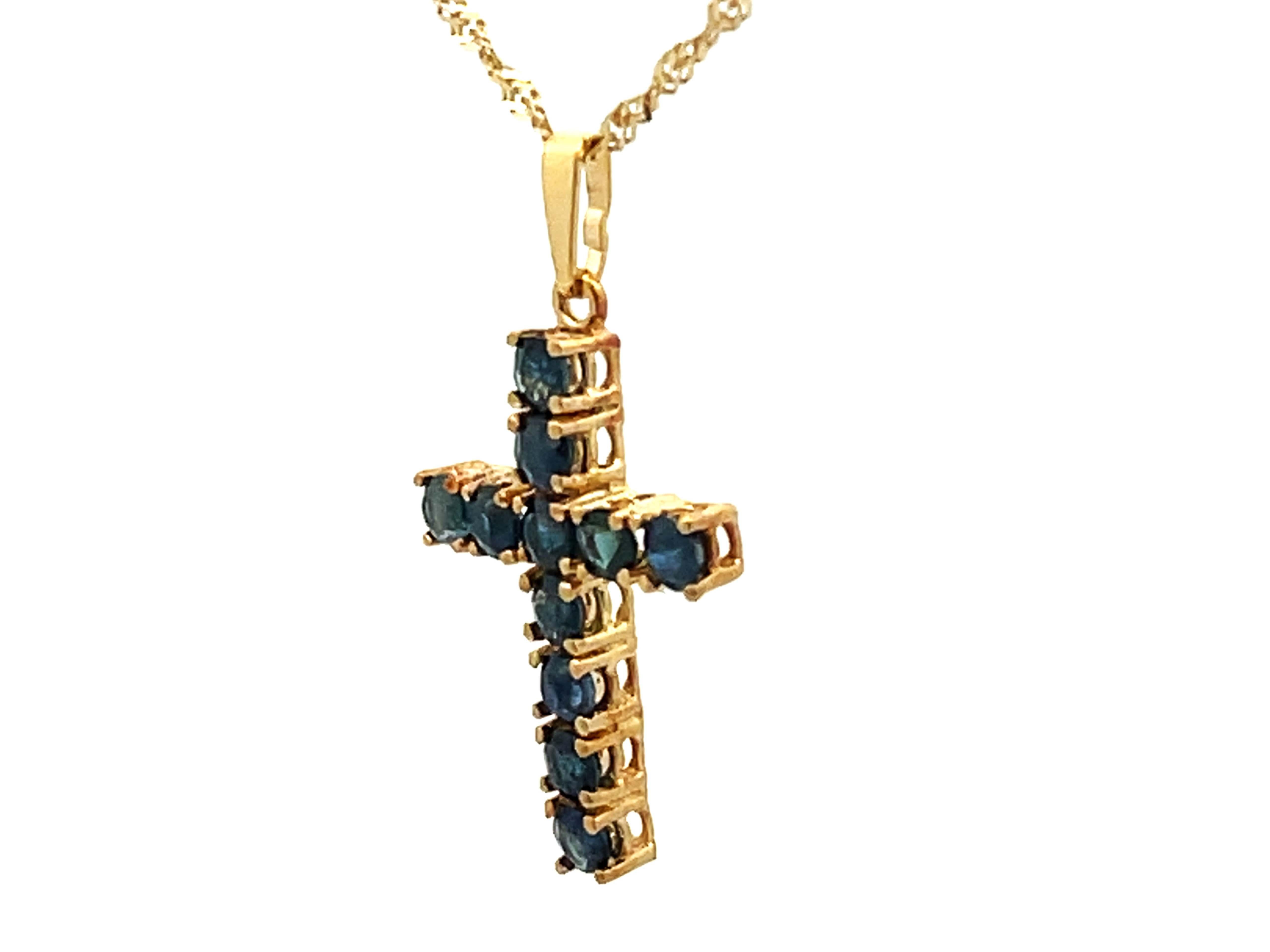 Women's Sapphire Cross Pendant and Disco Chain 14k Yellow Gold For Sale