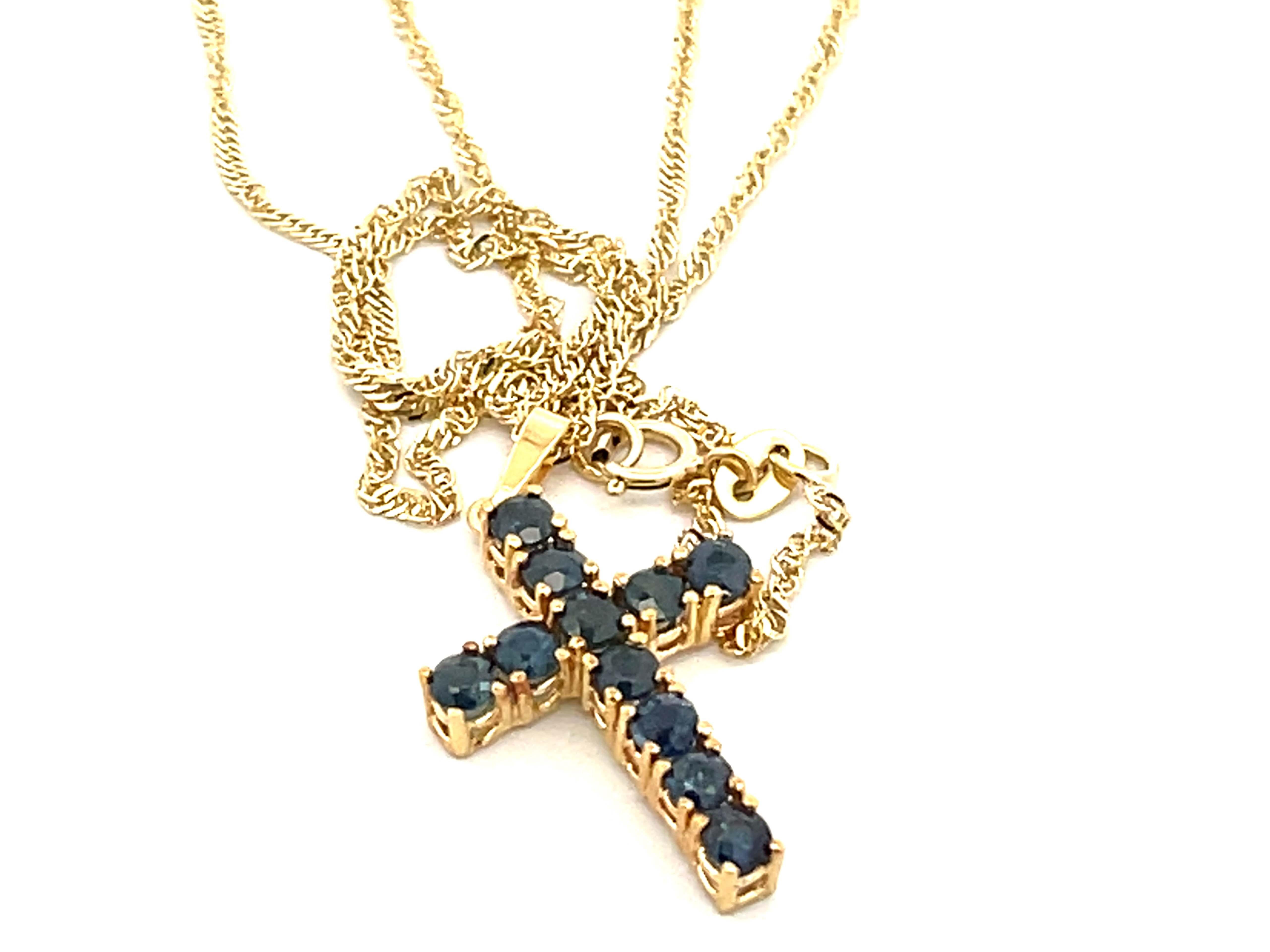 Sapphire Cross Pendant and Disco Chain 14k Yellow Gold For Sale 1