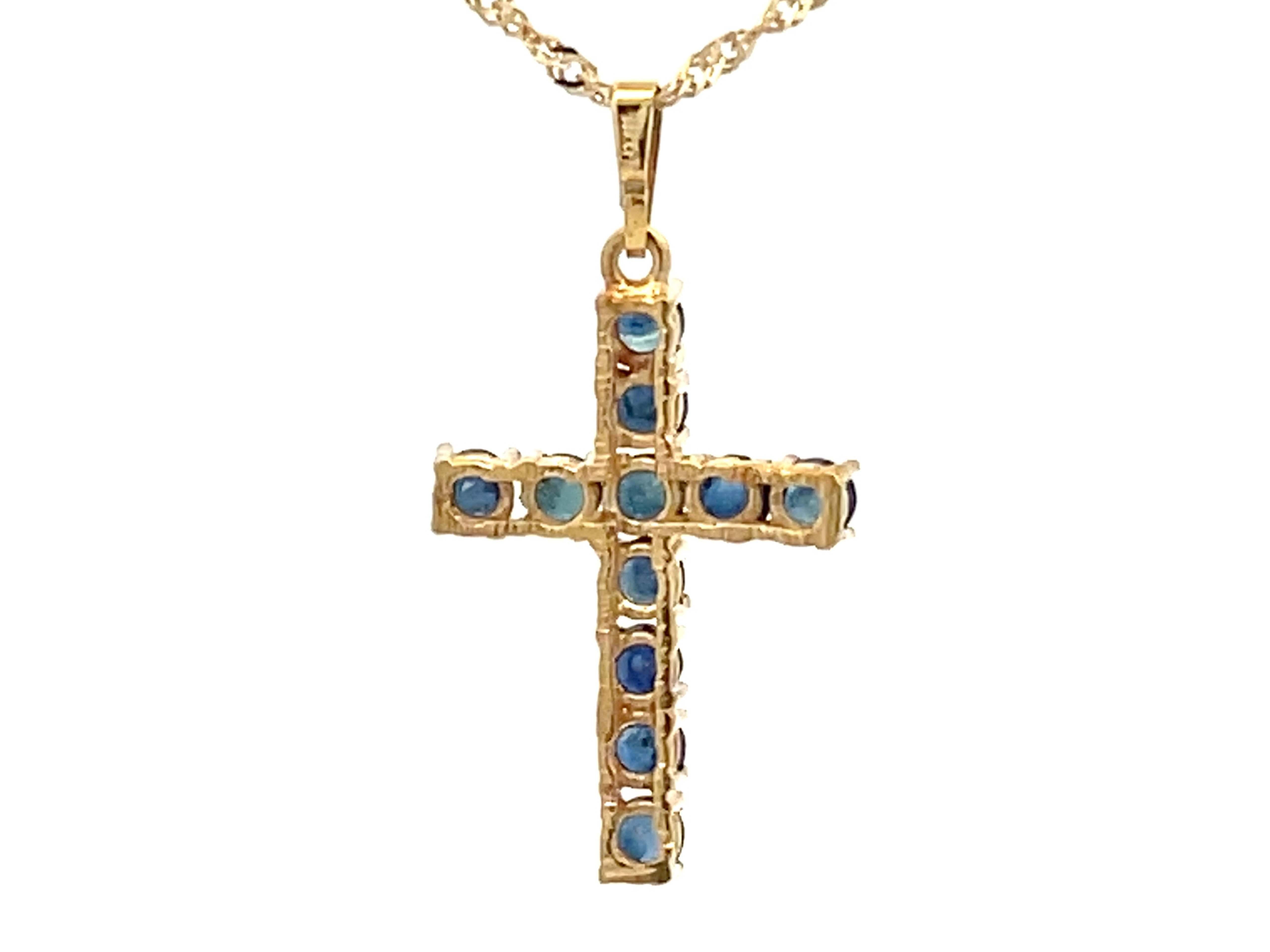 Sapphire Cross Pendant and Disco Chain 14k Yellow Gold For Sale 2
