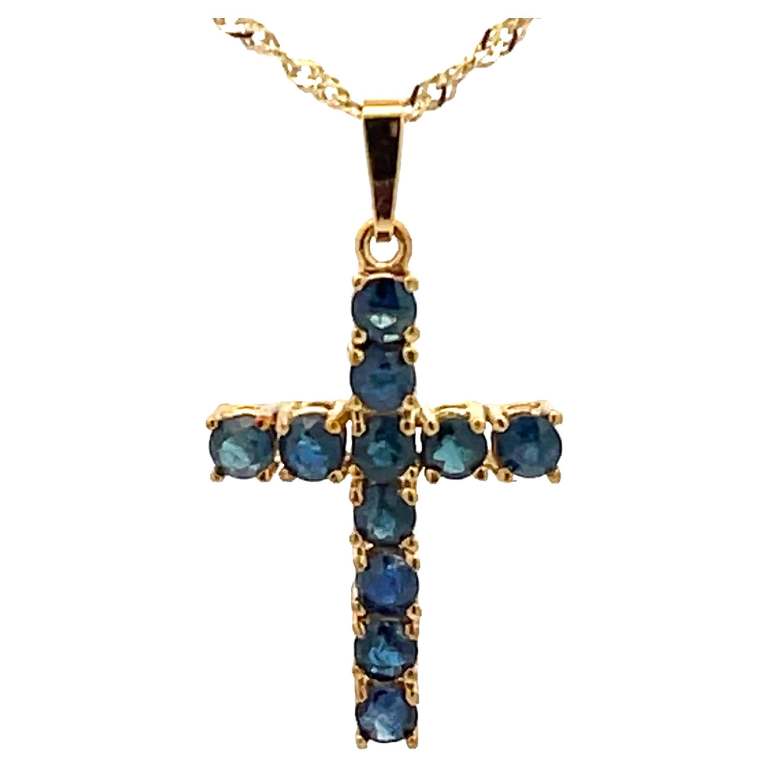 Sapphire Cross Pendant and Disco Chain 14k Yellow Gold For Sale