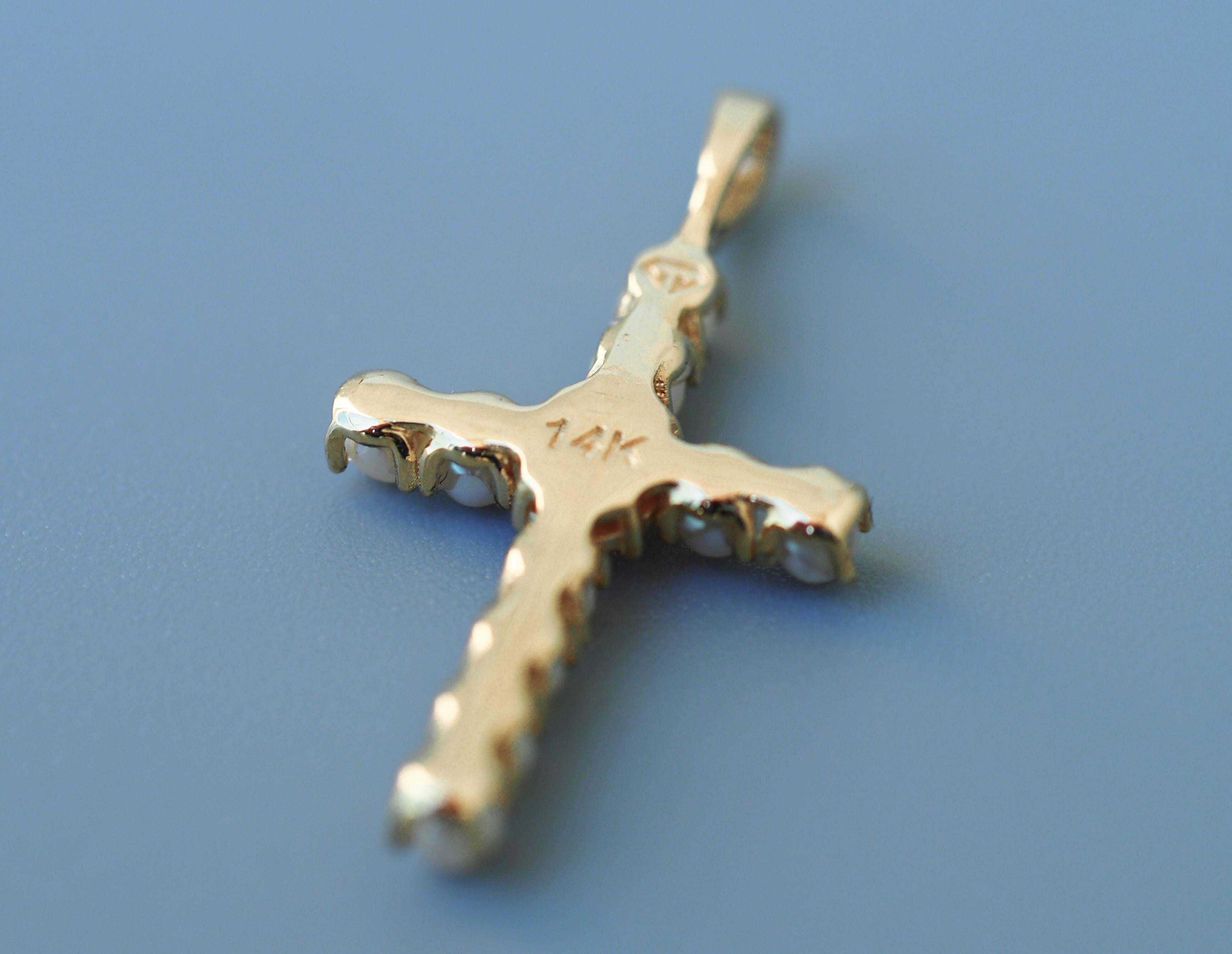 Sapphire Cross Pendant in 14k Gold, Sapphire and Pearls Cross For Sale 3