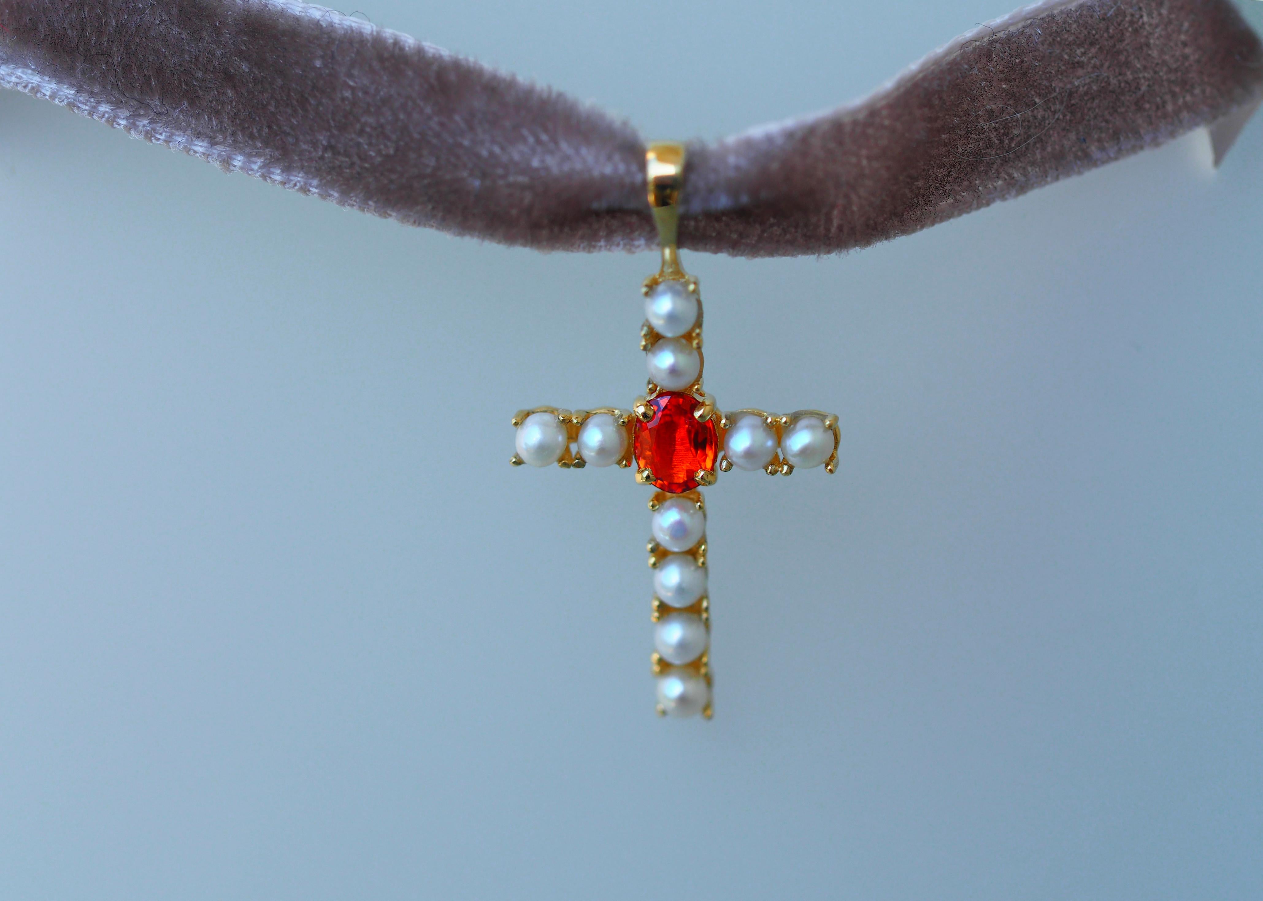 Sapphire Cross Pendant in 14k Gold, Sapphire and Pearls Cross For Sale 5