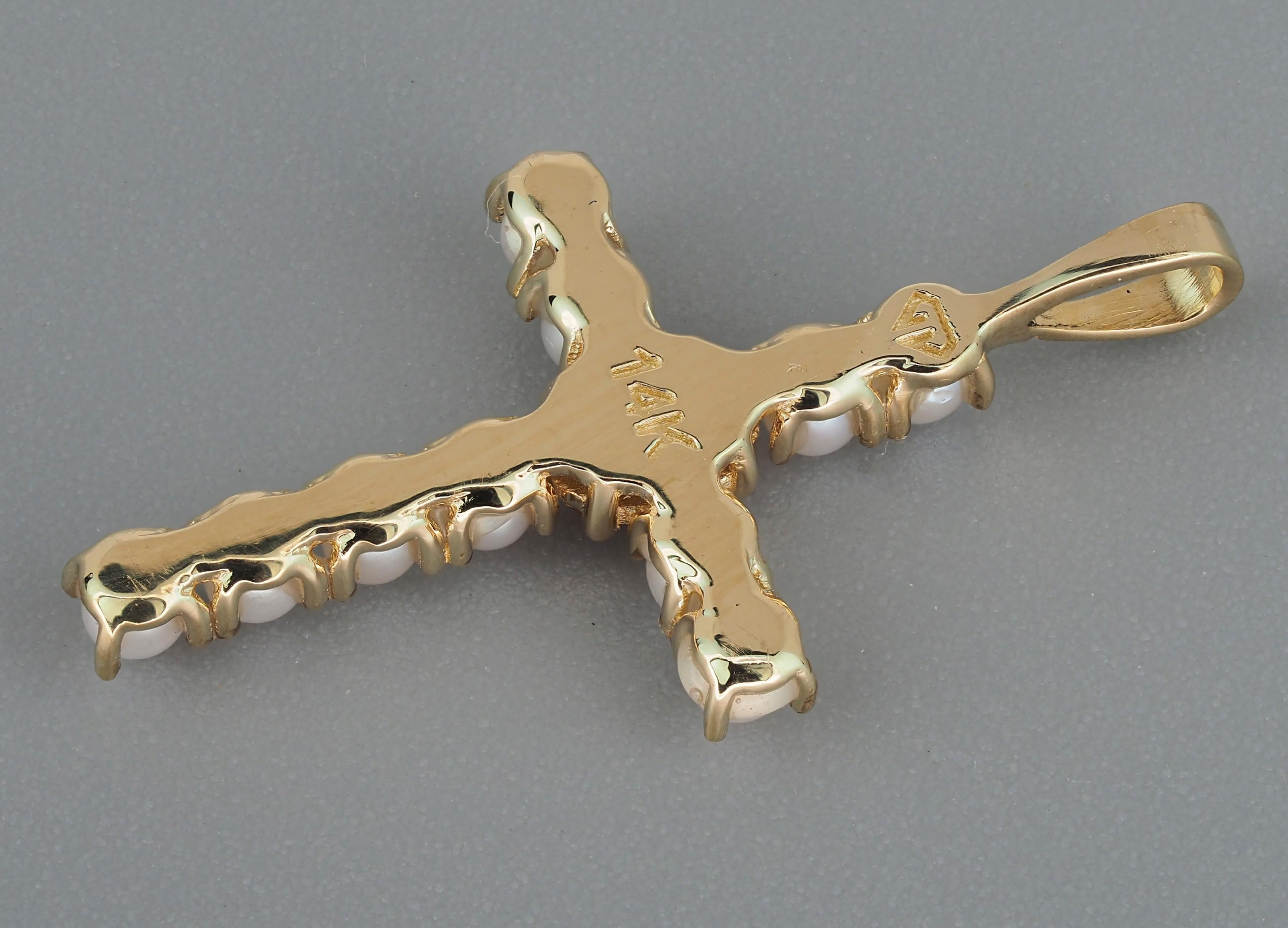 Modern Sapphire Cross Pendant in 14k Gold, Sapphire and Pearls Cross For Sale