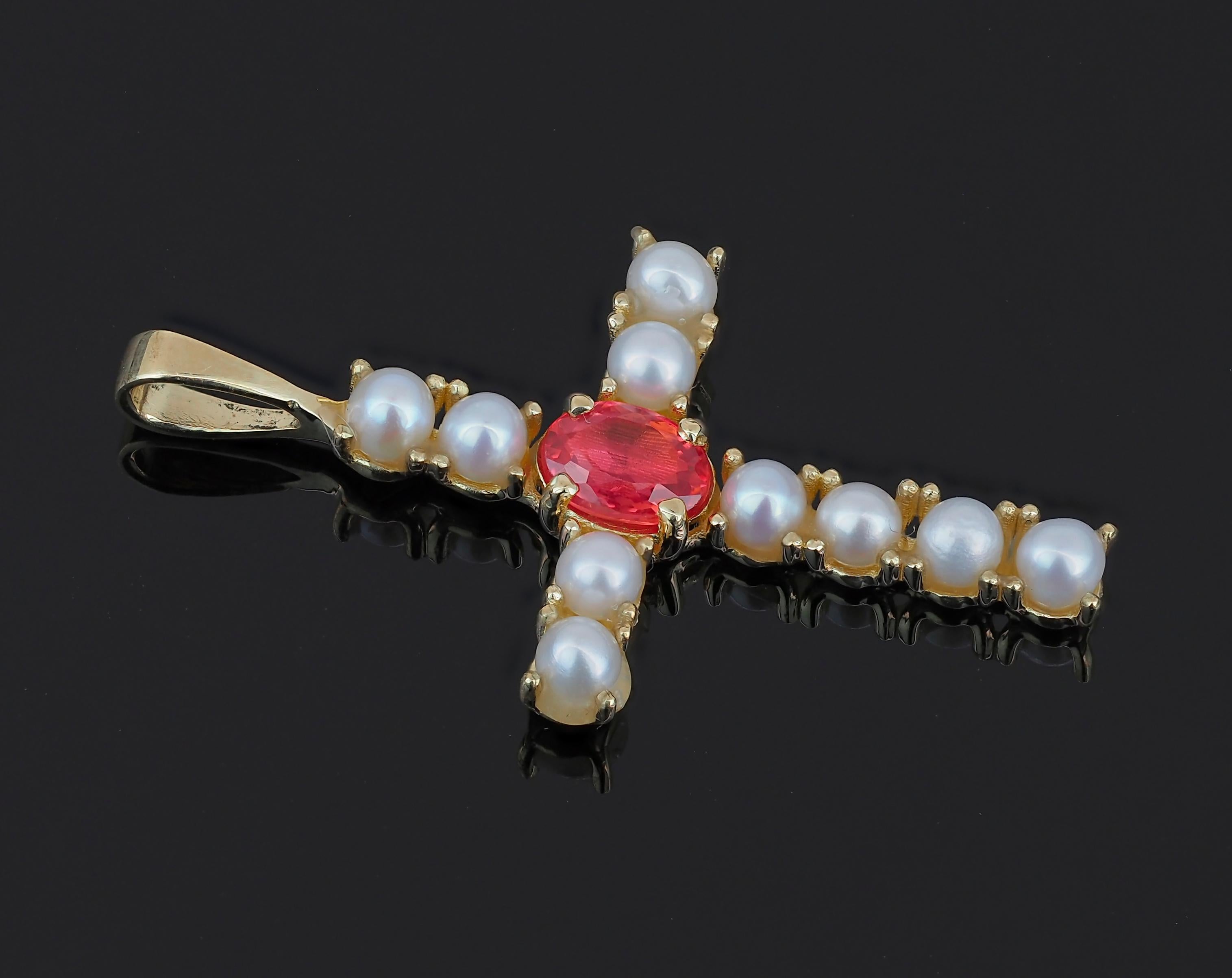 Sapphire Cross Pendant in 14k Gold, Sapphire and Pearls Cross In New Condition For Sale In Istanbul, TR