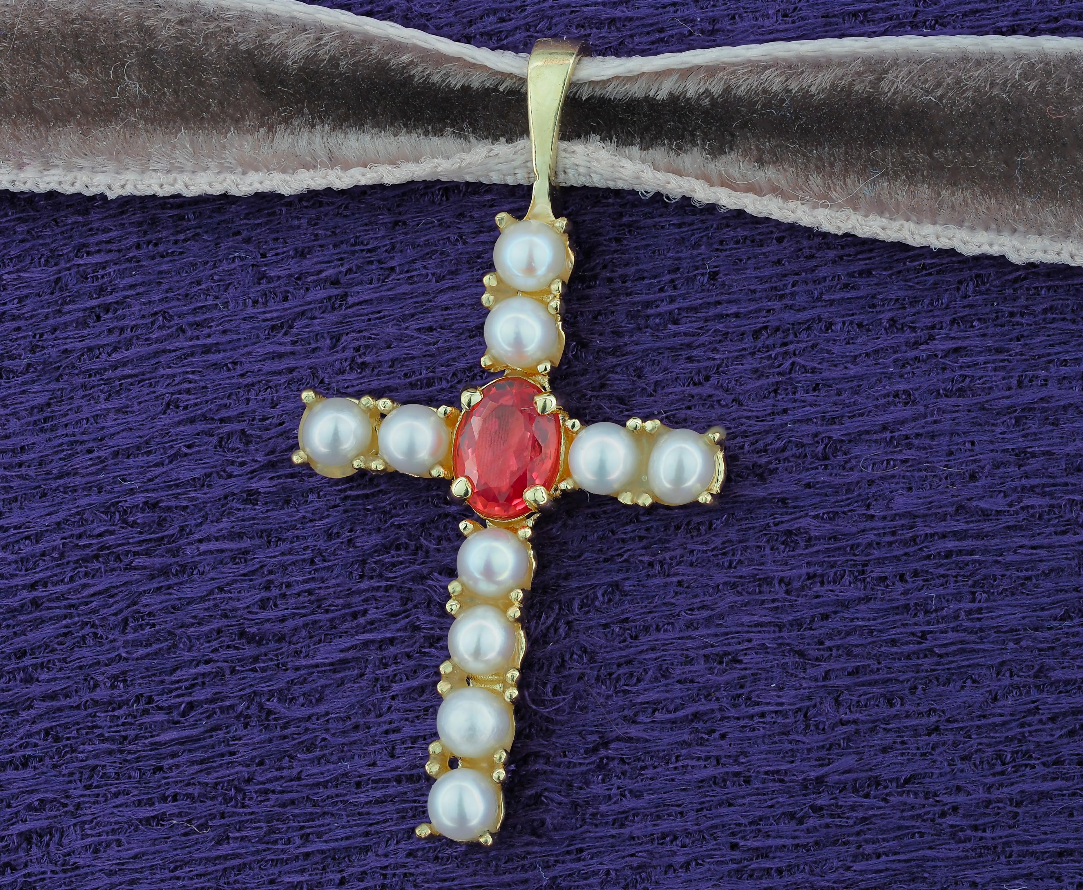Women's Sapphire Cross Pendant in 14k Gold, Sapphire and Pearls Cross For Sale
