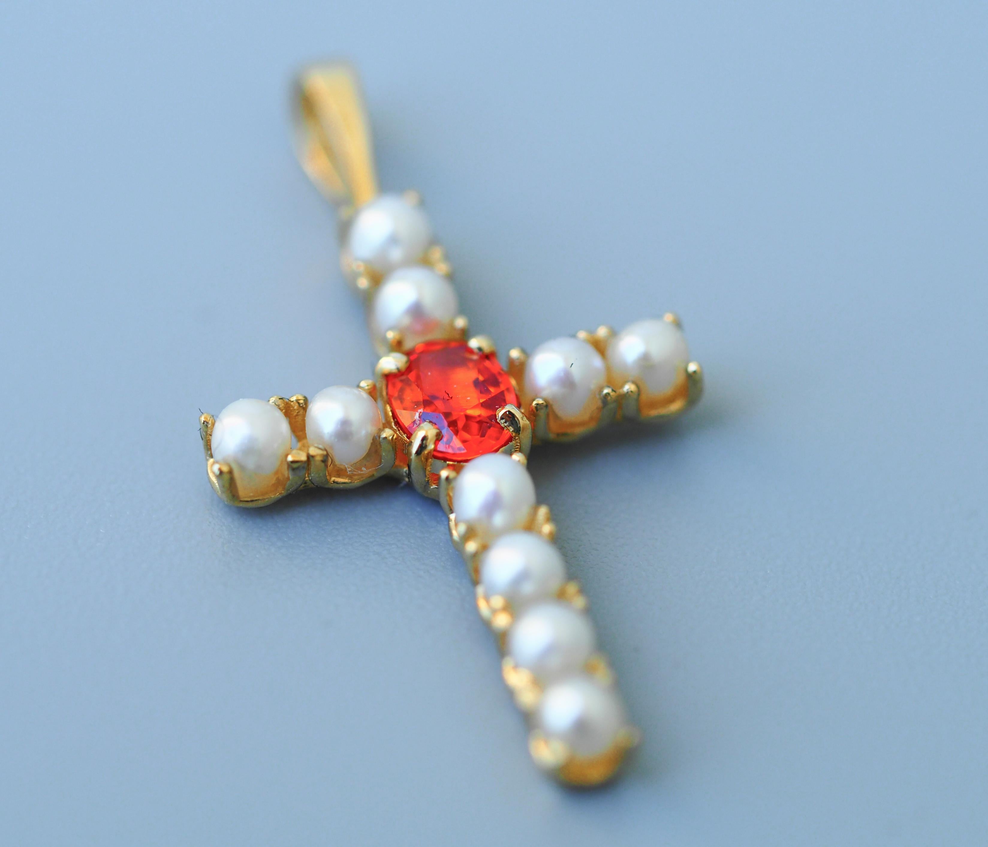 Sapphire Cross Pendant in 14k Gold, Sapphire and Pearls Cross For Sale 1