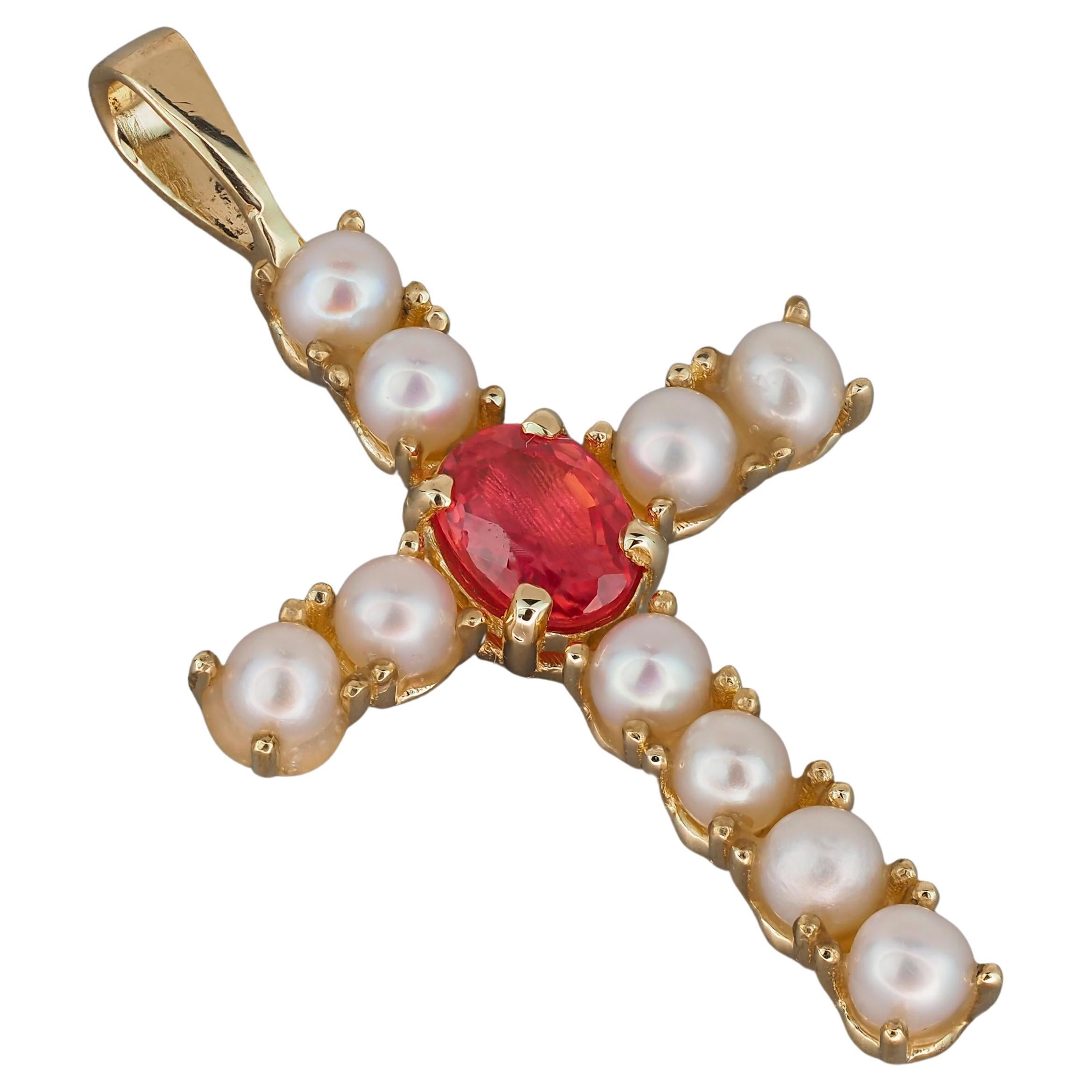 Pendentif croix en or 14 carats, saphirs et perles