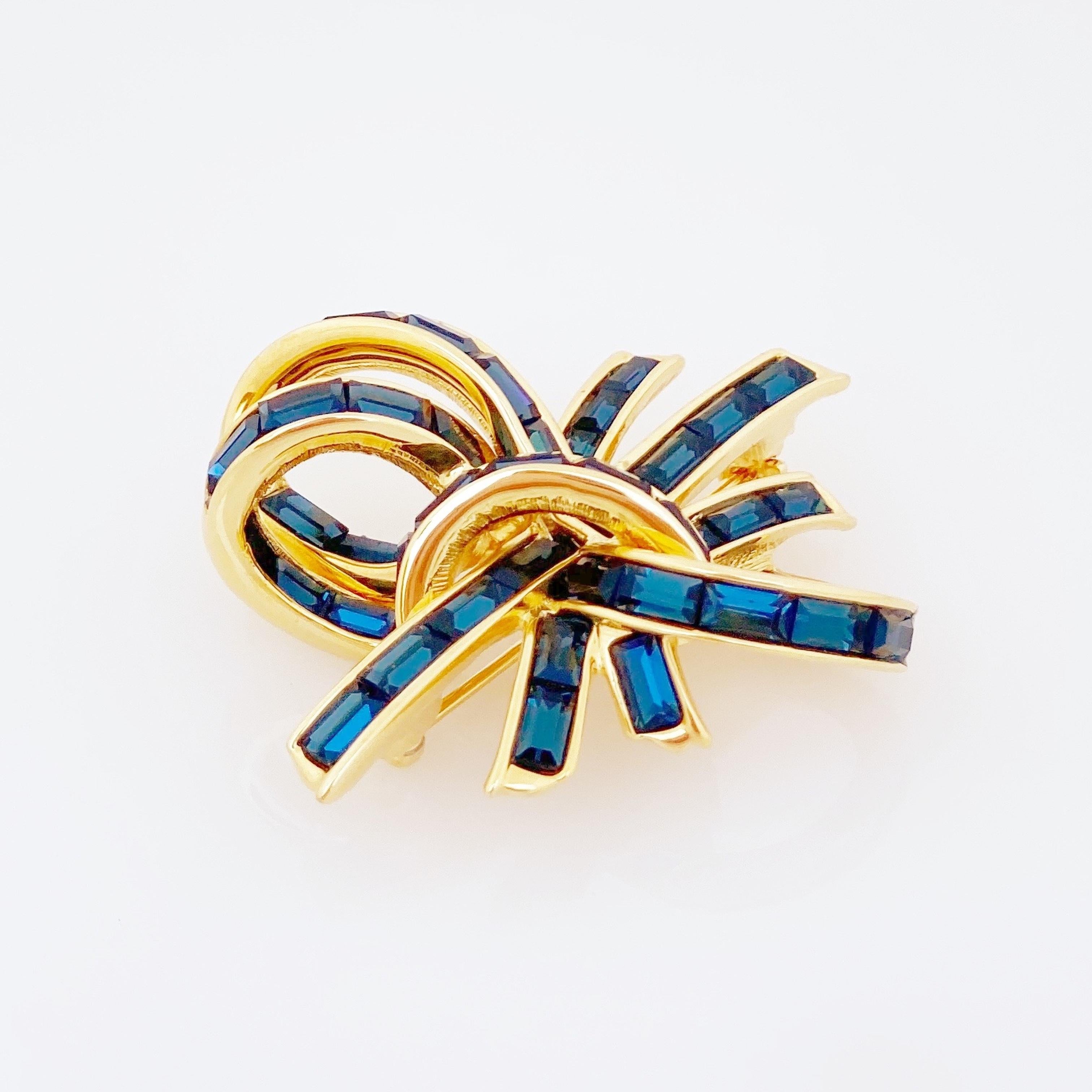 Sapphire Crystal Baguette Bow Brooch By Nolan Miller, 1990s In Good Condition In McKinney, TX