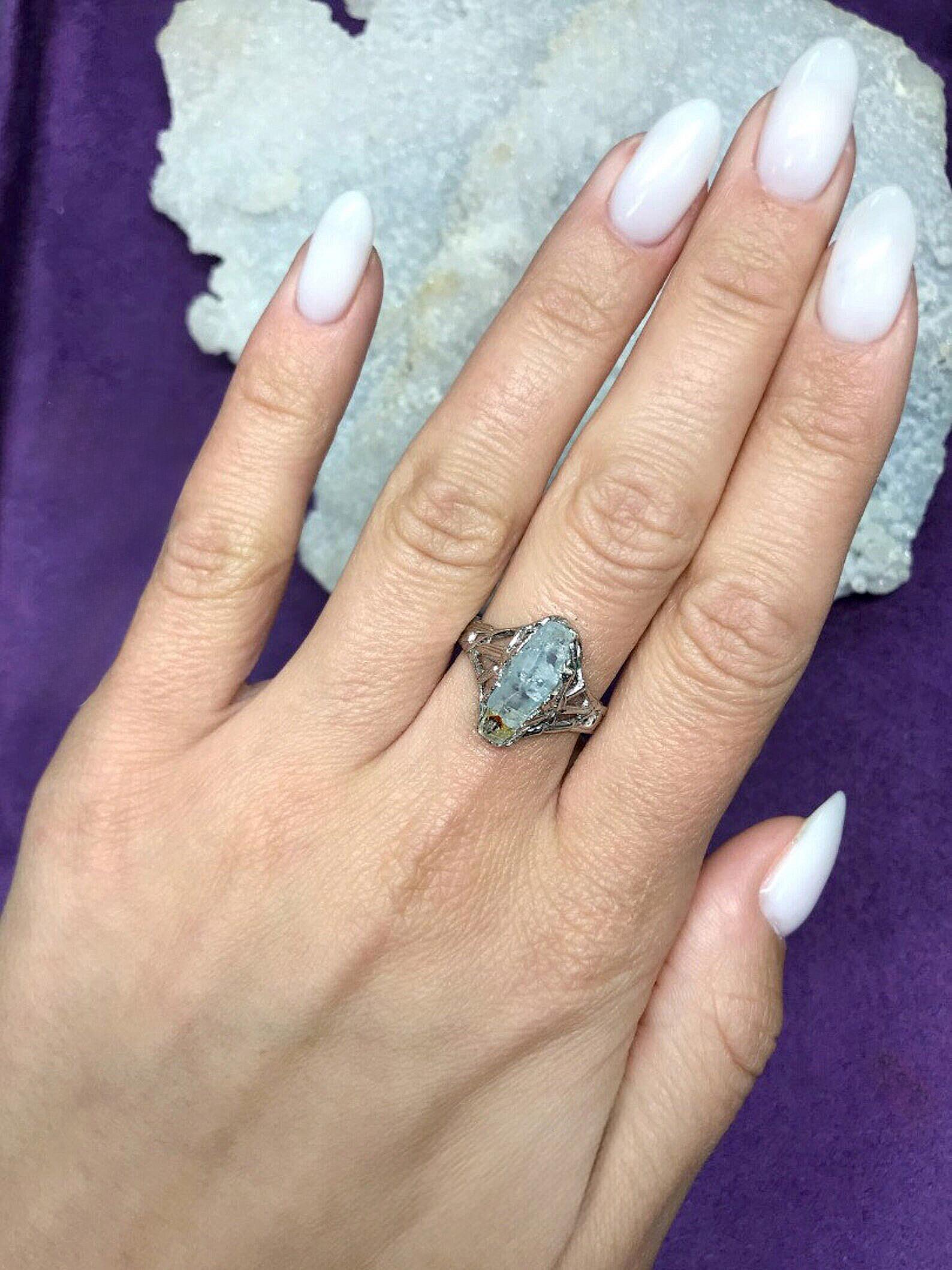 Baguette Cut Sapphire Crystal Silver Ring Raw Uncut Ghost Grey Natural Sri Lankan Gemstone For Sale