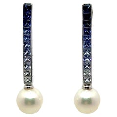 Sapphire Cultured Pearl 18 Karat White Gold Drop Earrings
