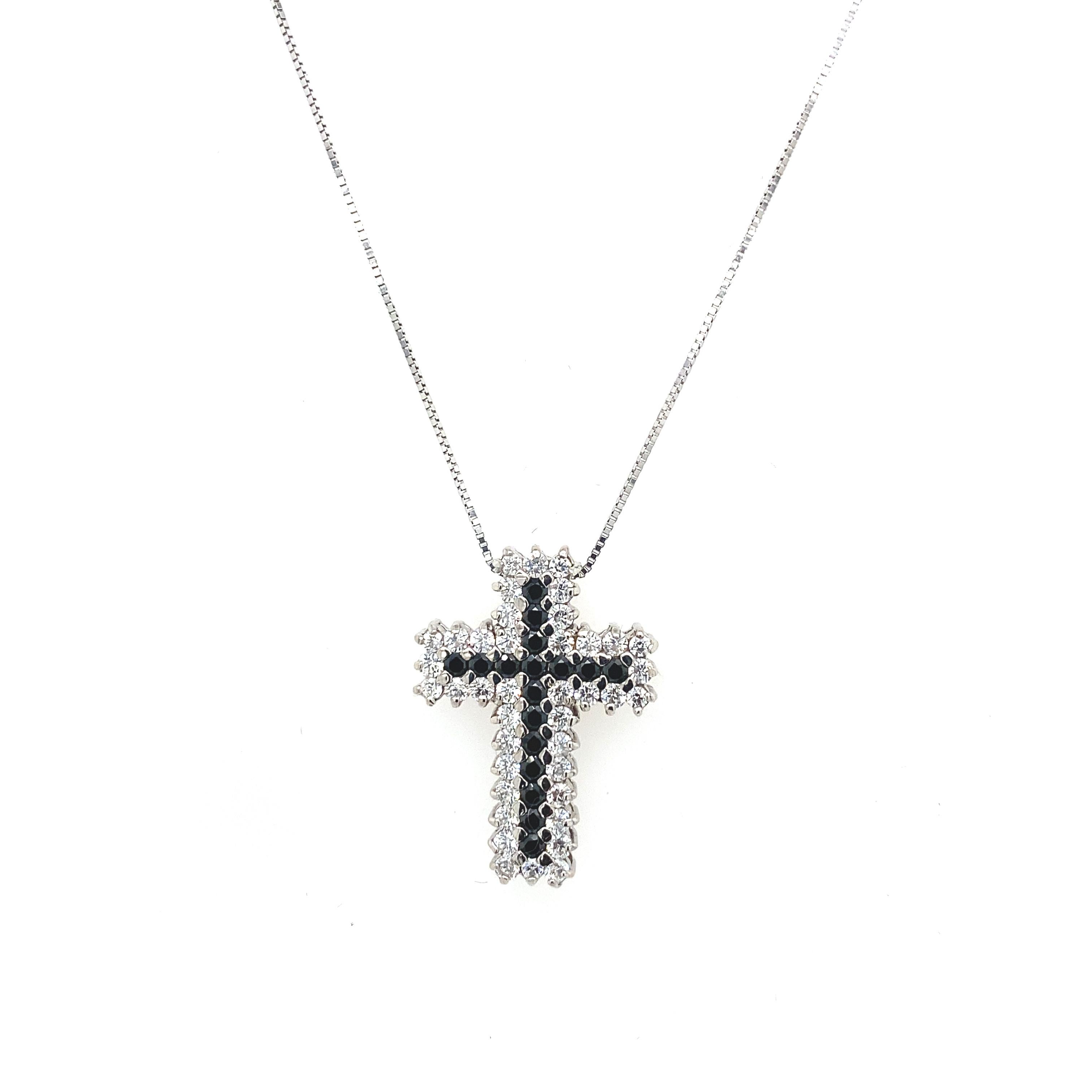 Round Cut Sapphire & CZ Cross Set with 18ct White Gold Chain in 18ct White Gold For Sale