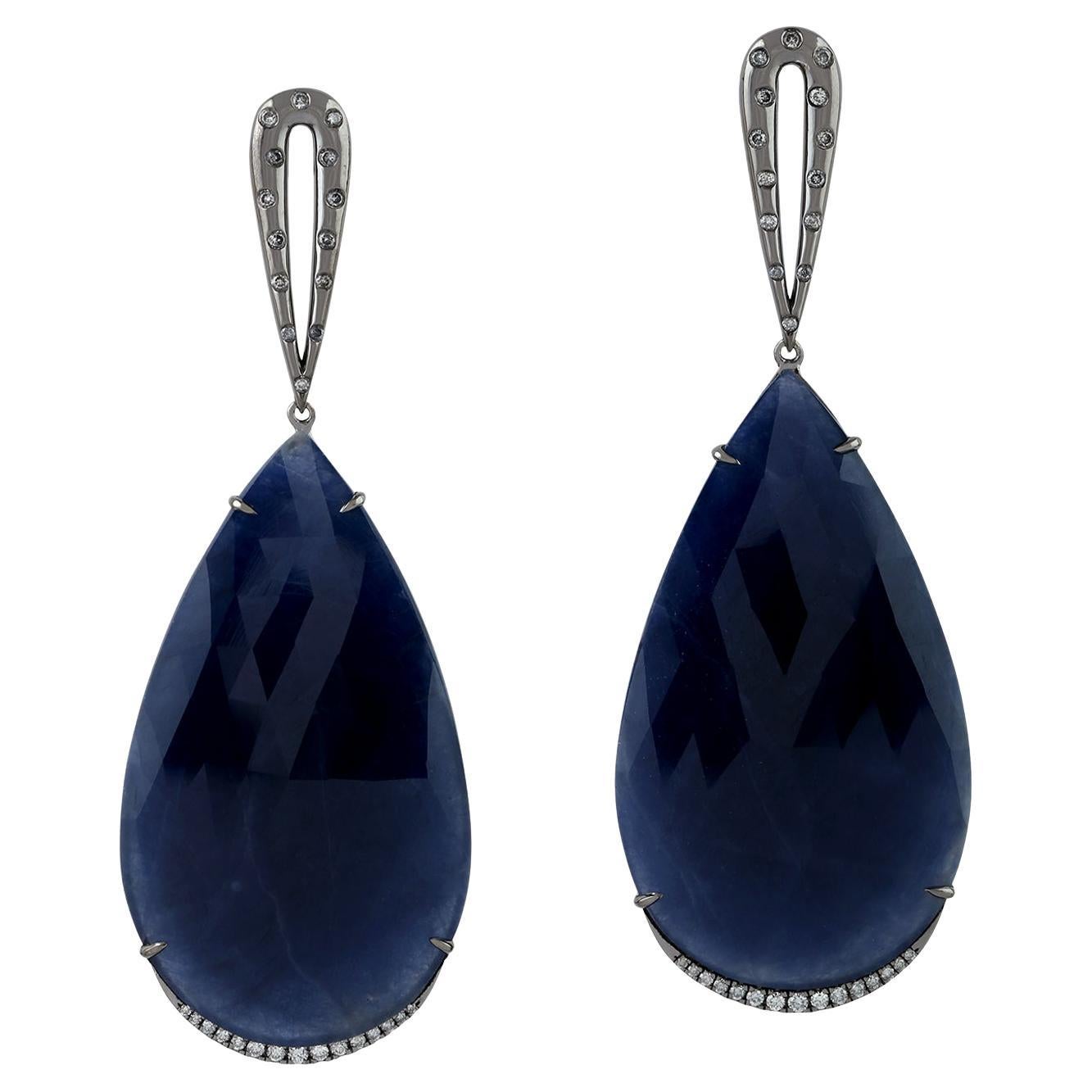 Drop Shape Blue Sapphire Dangle Earring with Diamonds Made in 18k Gold For Sale