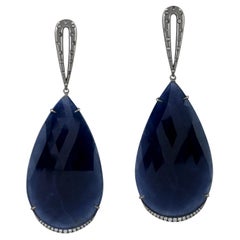 Drop Shape Blue Sapphire Dangle Earring with Diamonds Made in 18k Gold