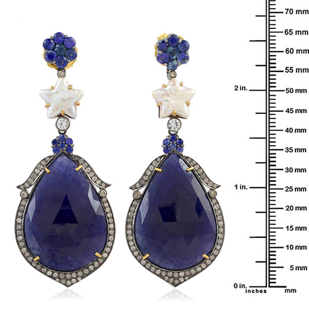 Art Deco Sapphire Dangle Earring with Pearl & Pave Diamond Made in Gold & Silver For Sale