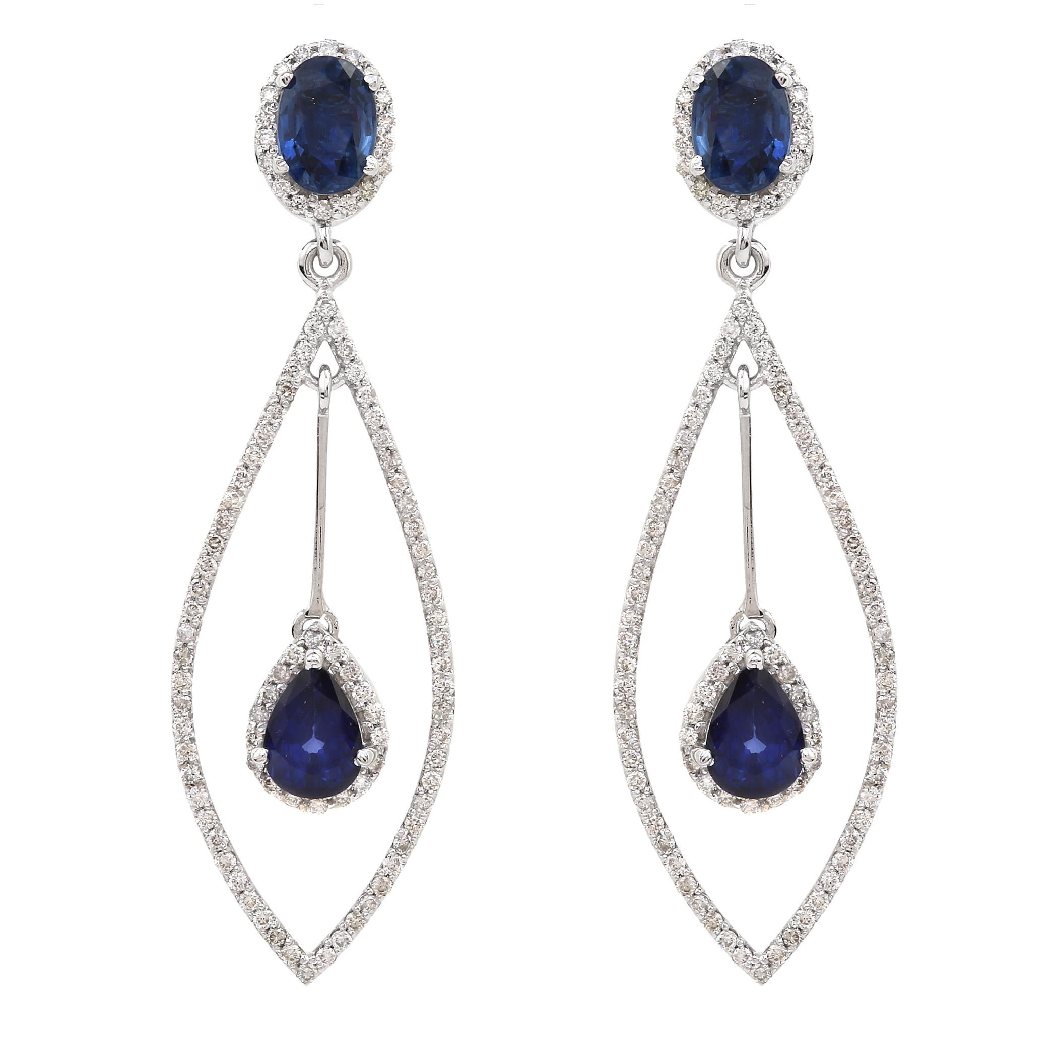 Brilliant Cut Sapphire Dangle Earrings with Diamond in 18k Gold For Sale