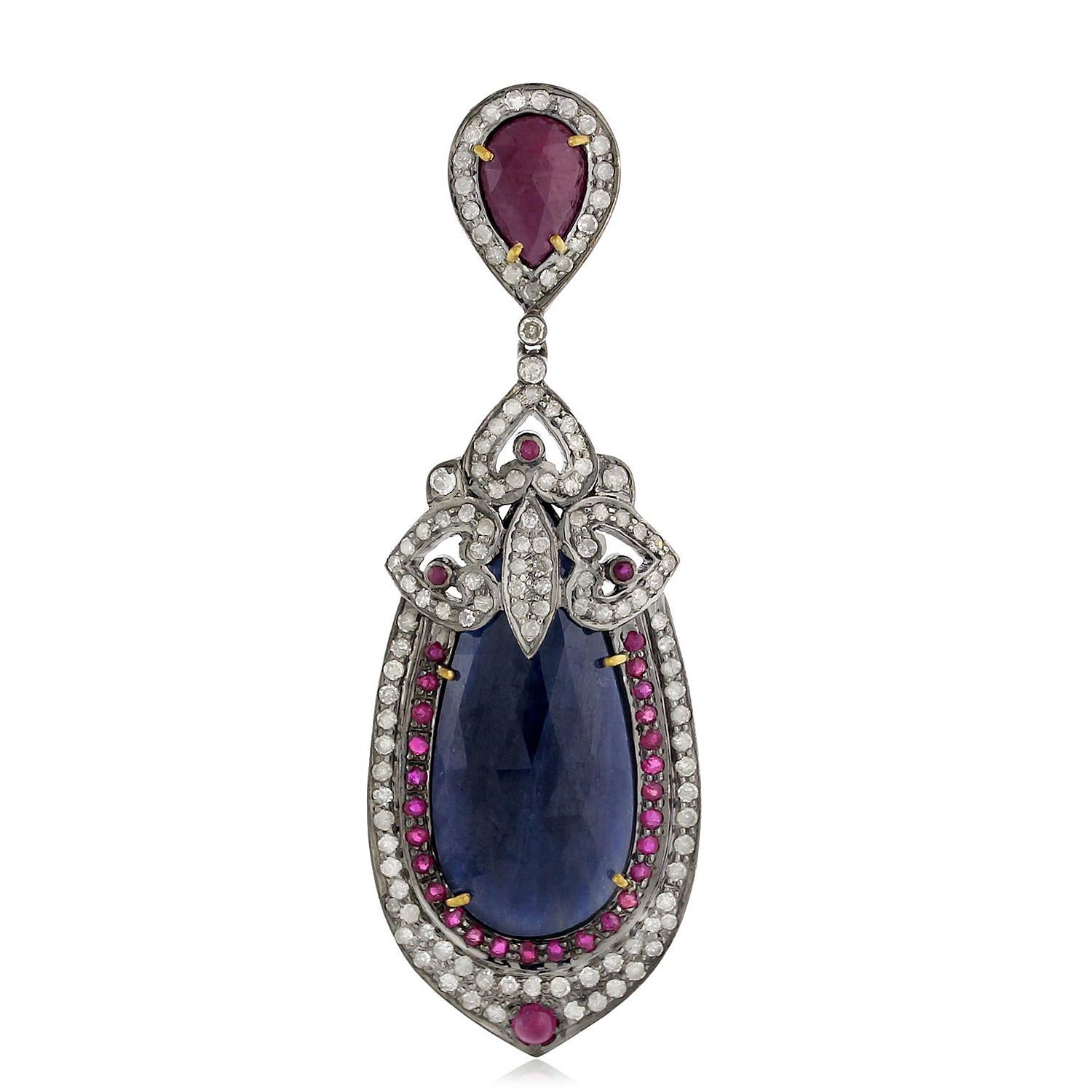 Art Deco Sapphire Dangle Earrings With Rubies and Diamonds 36.27 Carats For Sale