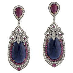 Sapphire Dangle Earrings With Rubies and Diamonds 36.27 Carats