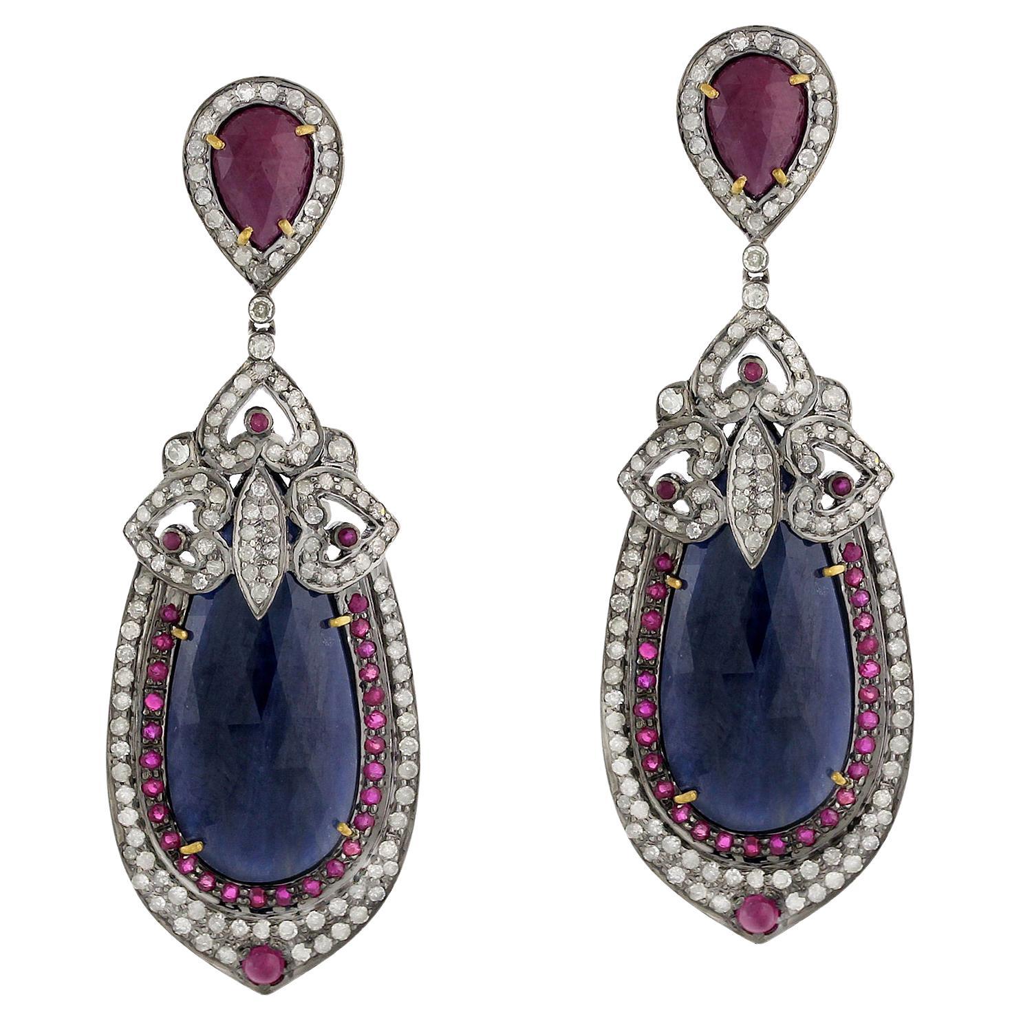 Sapphire Dangle Earrings With Rubies and Diamonds 36.27 Carats For Sale