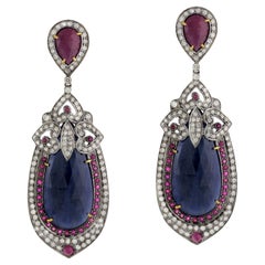 Retro Sapphire Dangle Earrings With Rubies and Diamonds 36.27 Carats