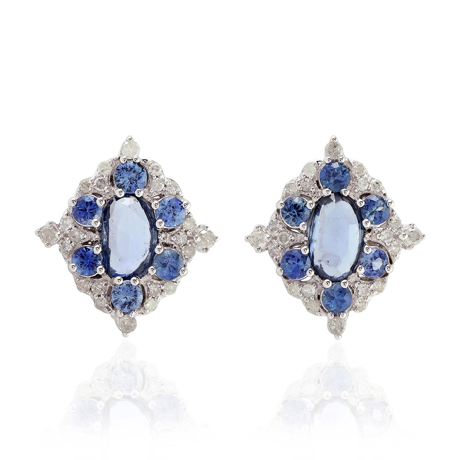 Mixed Cut Sapphire Diamond 14 Karat Gold Stud Earrings For Sale
