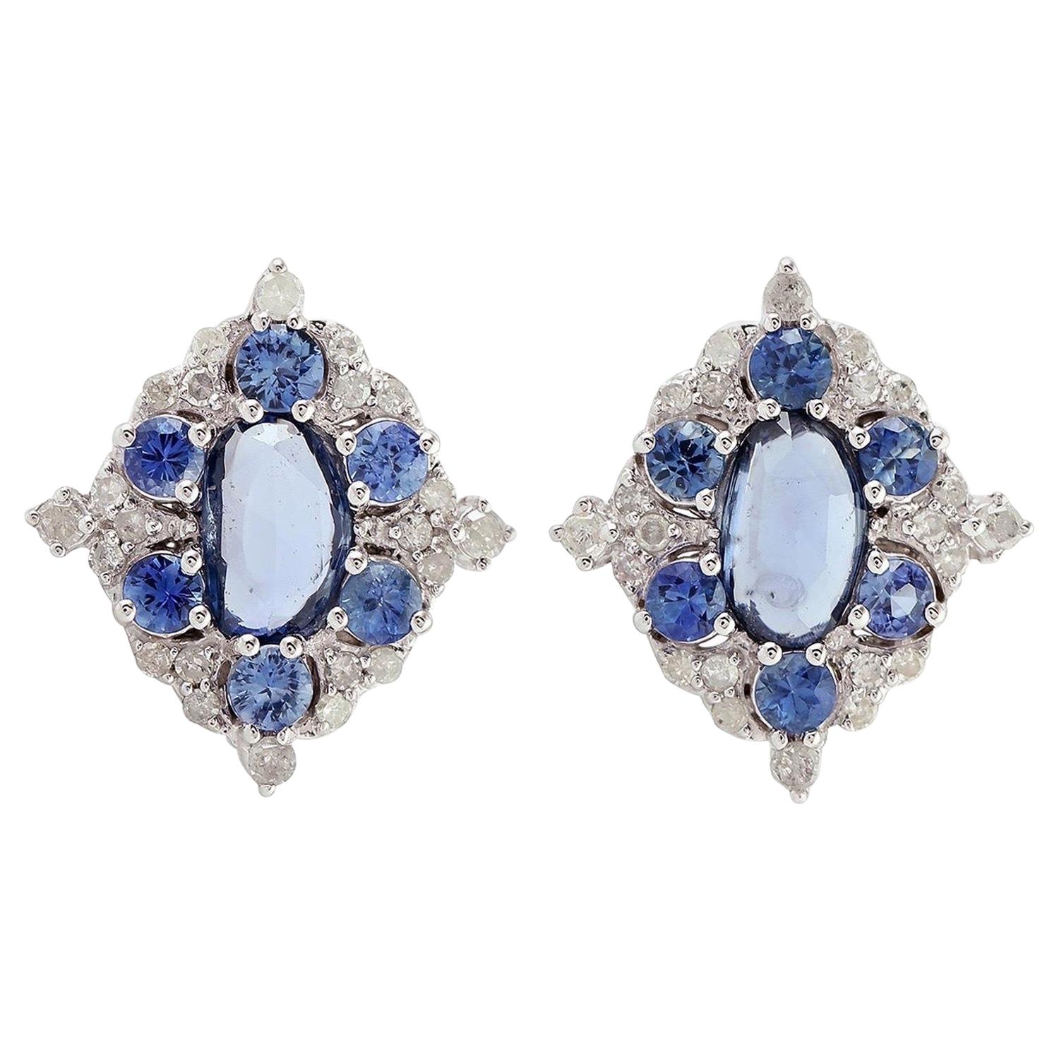 Sapphire Diamond 14 Karat Gold Stud Earrings For Sale