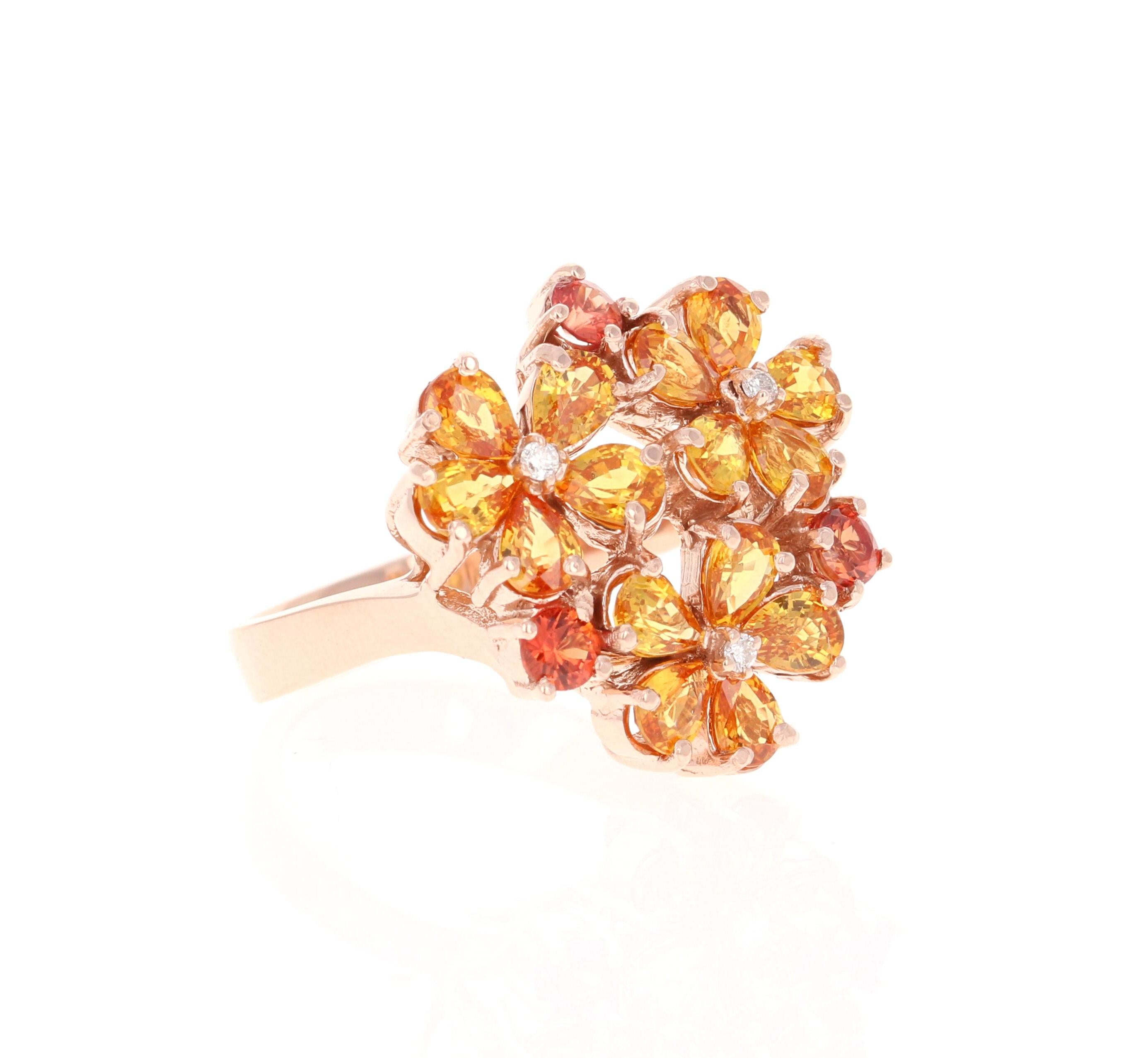A Stunning and Unique piece to say the least!   Our in-house designer is carefully curated this ring to make it look like the most beautiful flower!

This ring has 15 Pear Cut Yellow Sapphires that weigh 2.71 Carats and 3 Round Red Sapphires that