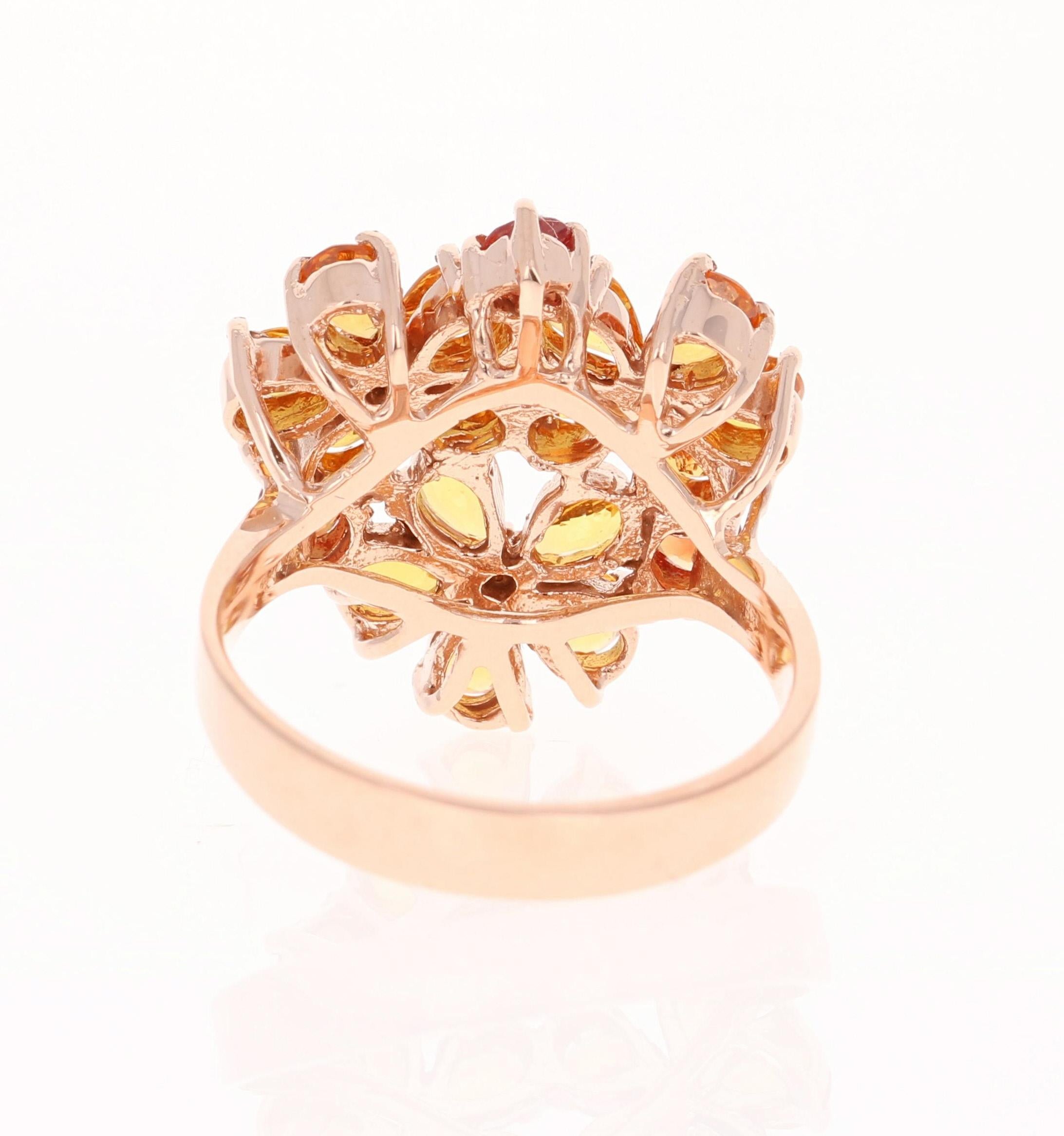 Pear Cut 3.17 Carat Sapphire Diamond 14 Karat Rose Gold Floret design Cocktail Ring