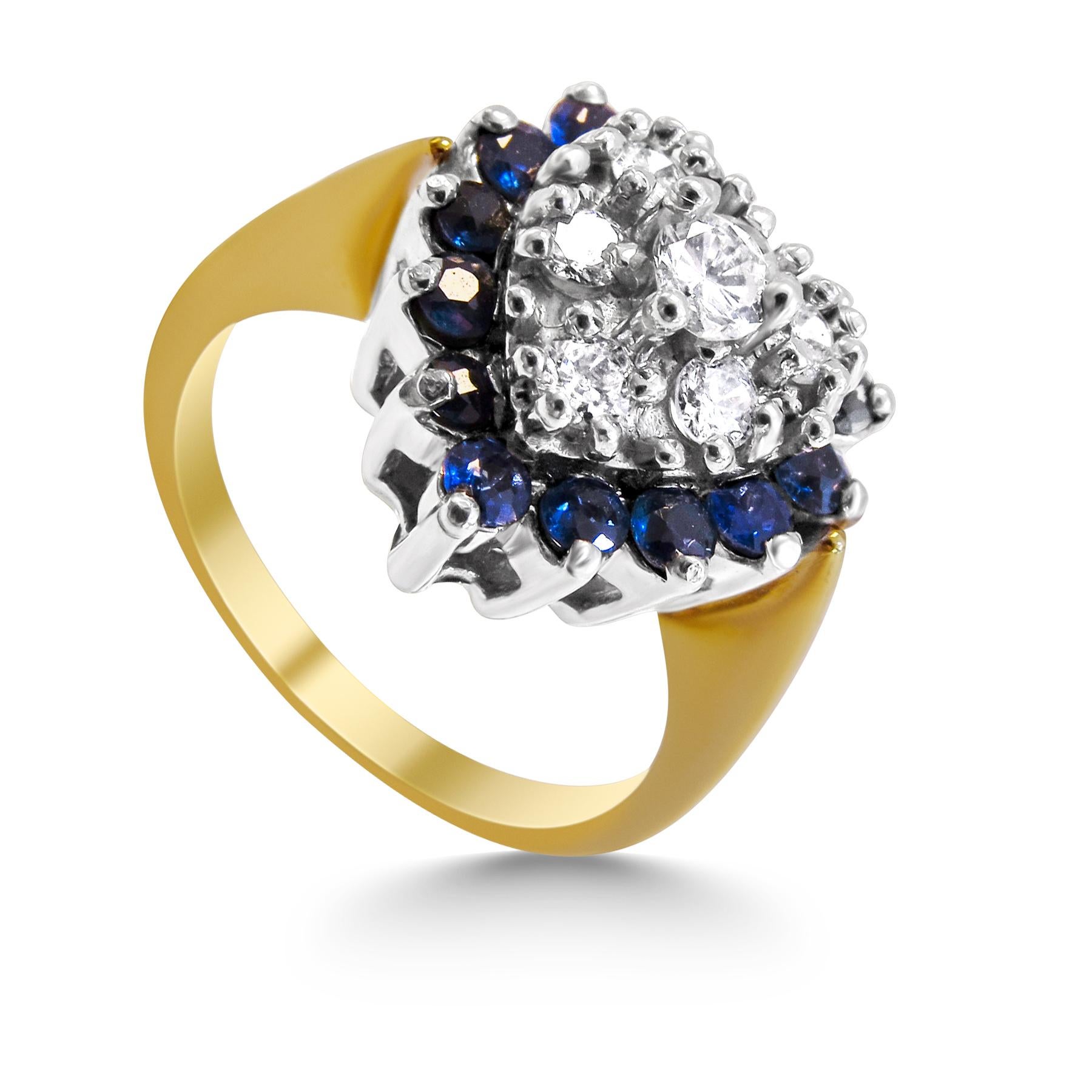 14k Yellow  and white gold
Weight= 5.2gr 
Size= 5 3/4  (We offer complementary resizing upon request ) 
Diamond= 0.40 ct total 
Sapphire= 0.30 ct  total