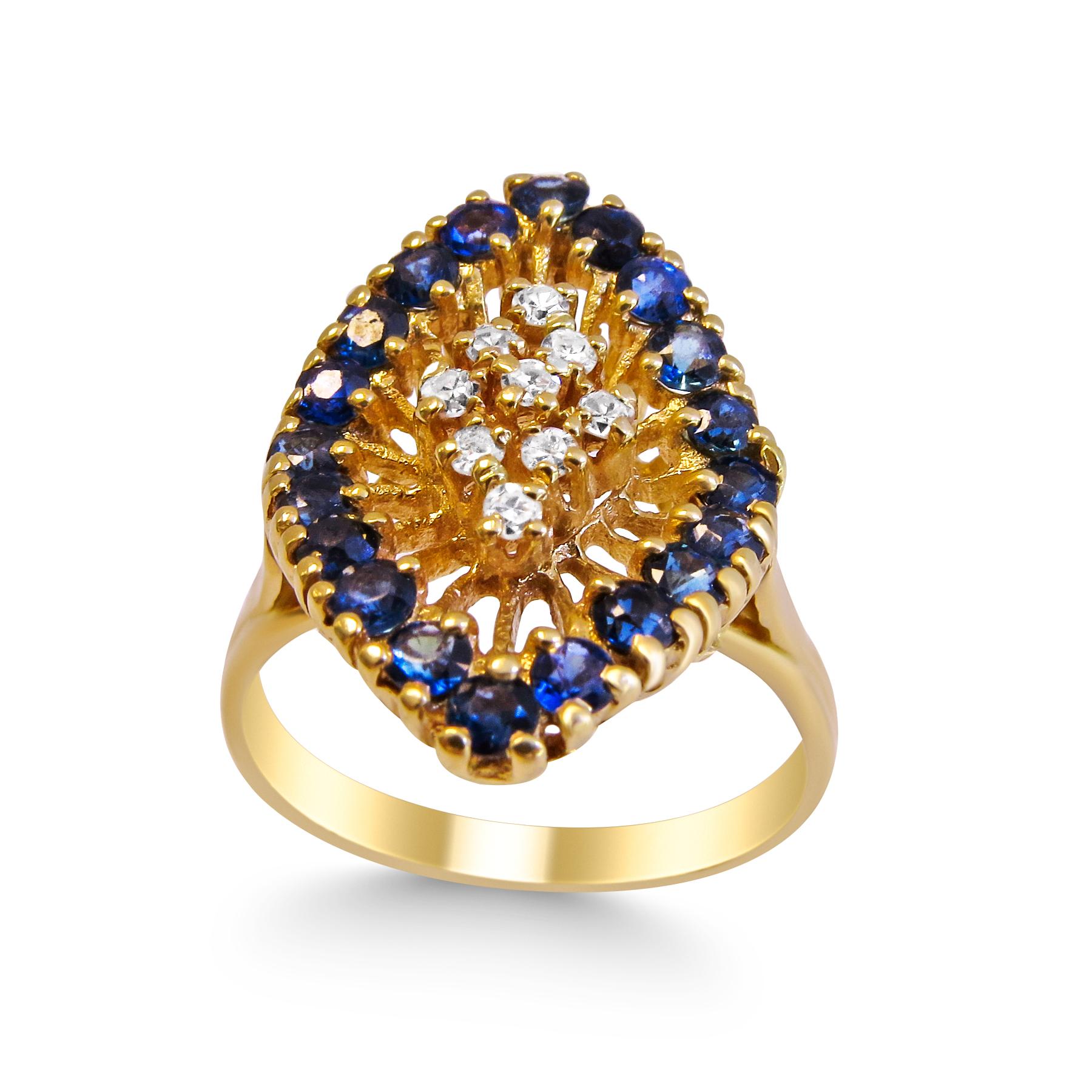 14k Yellow gold
Weight= 5.2gr 
Size= 8 (We offer complementary  resizing upon request ) 
Diamond= 0.10 ct total 
Sapphire = 1/2 ct  total