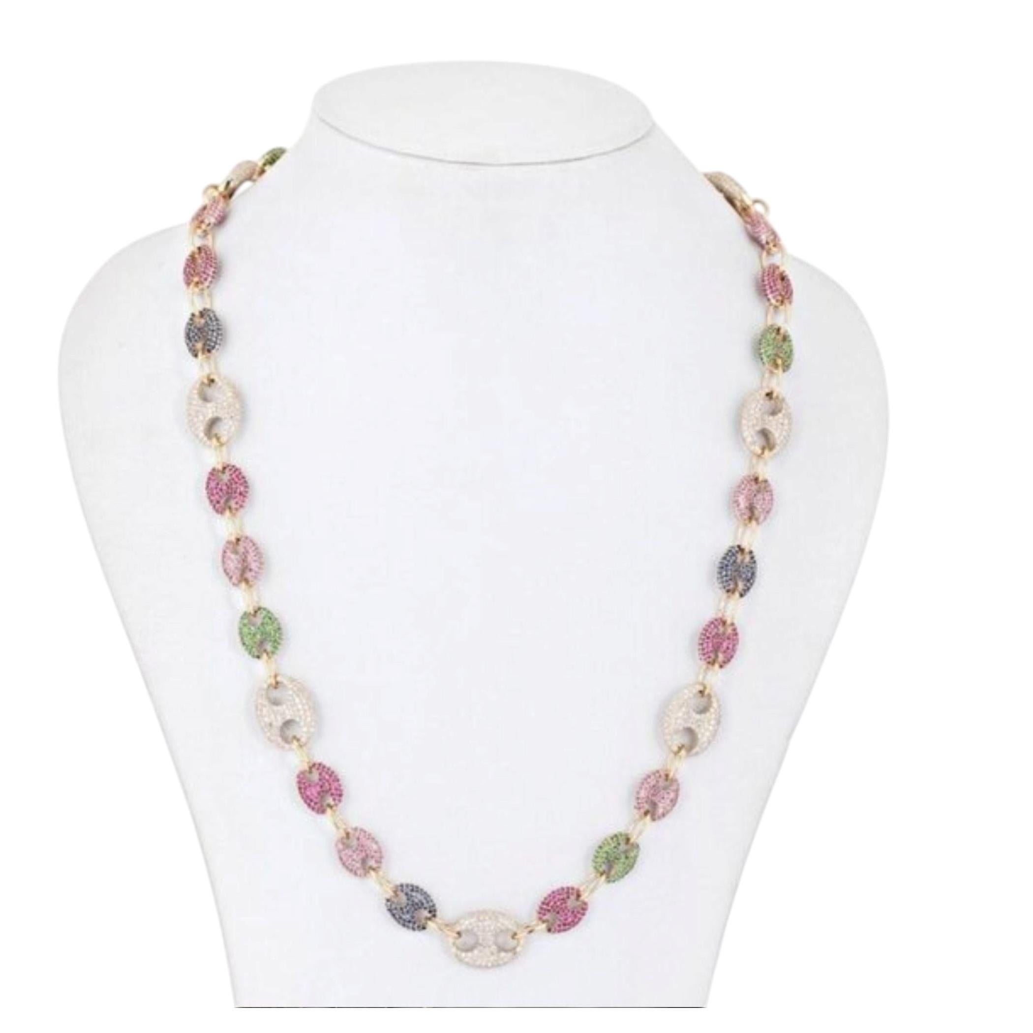 19.14ct Multi-Sapphire & 8.45ct Diamond 14K Yellow Gold Link Necklace