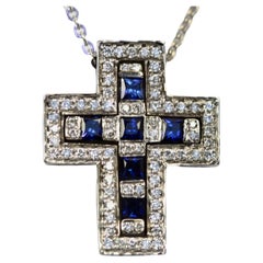 Sapphire Diamond 14K White Gold Double Cross Pendant Worn Three Ways