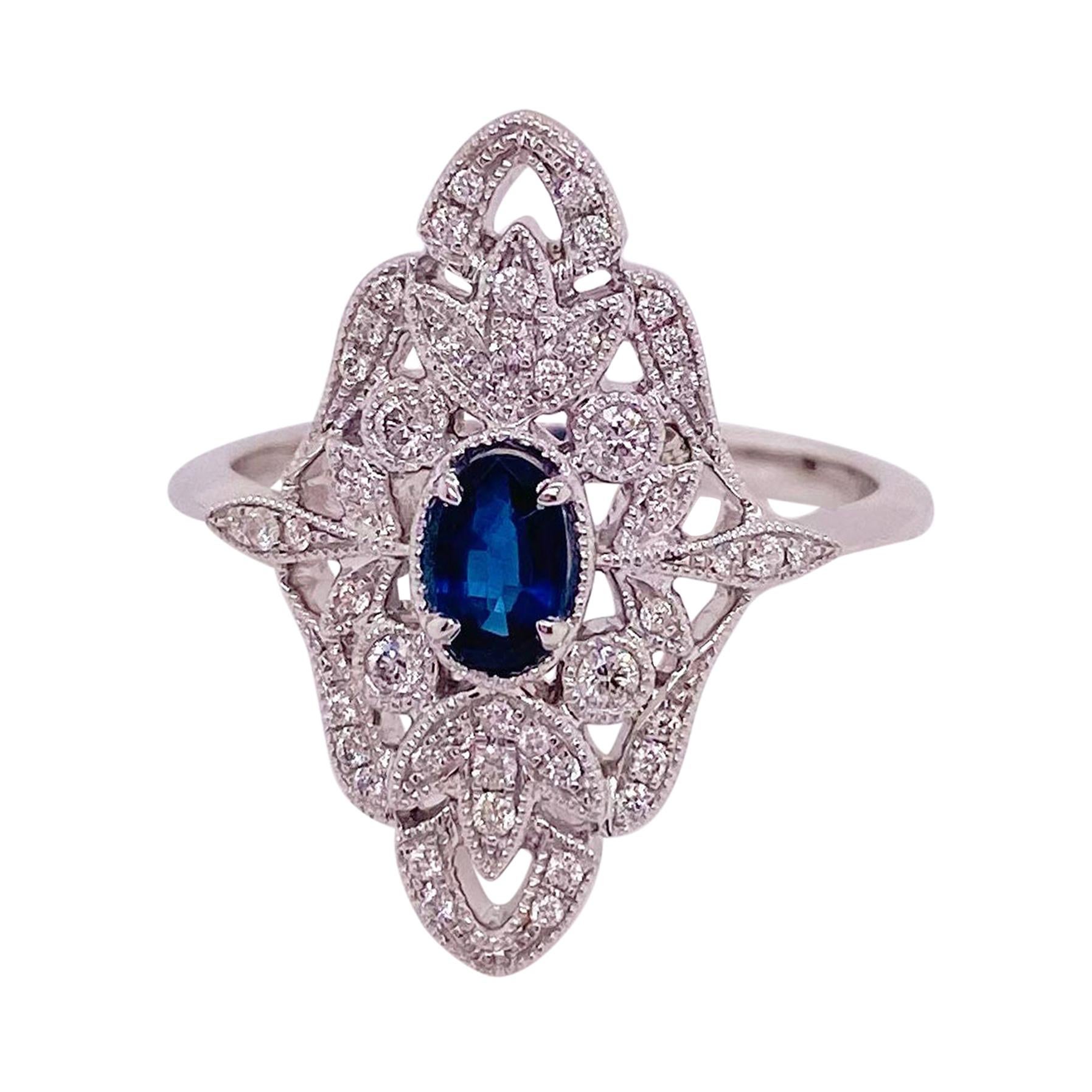 Sapphire & Diamond 14k White Gold Filigree .50 Carat Diamond Art Deco Style Ring For Sale