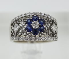 Sapphire, Diamond, 14k White Gold Flower Ring