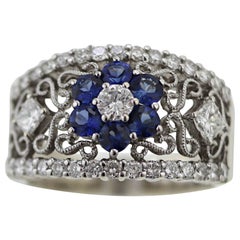 Sapphire, Diamond, 14k White Gold Flower Ring