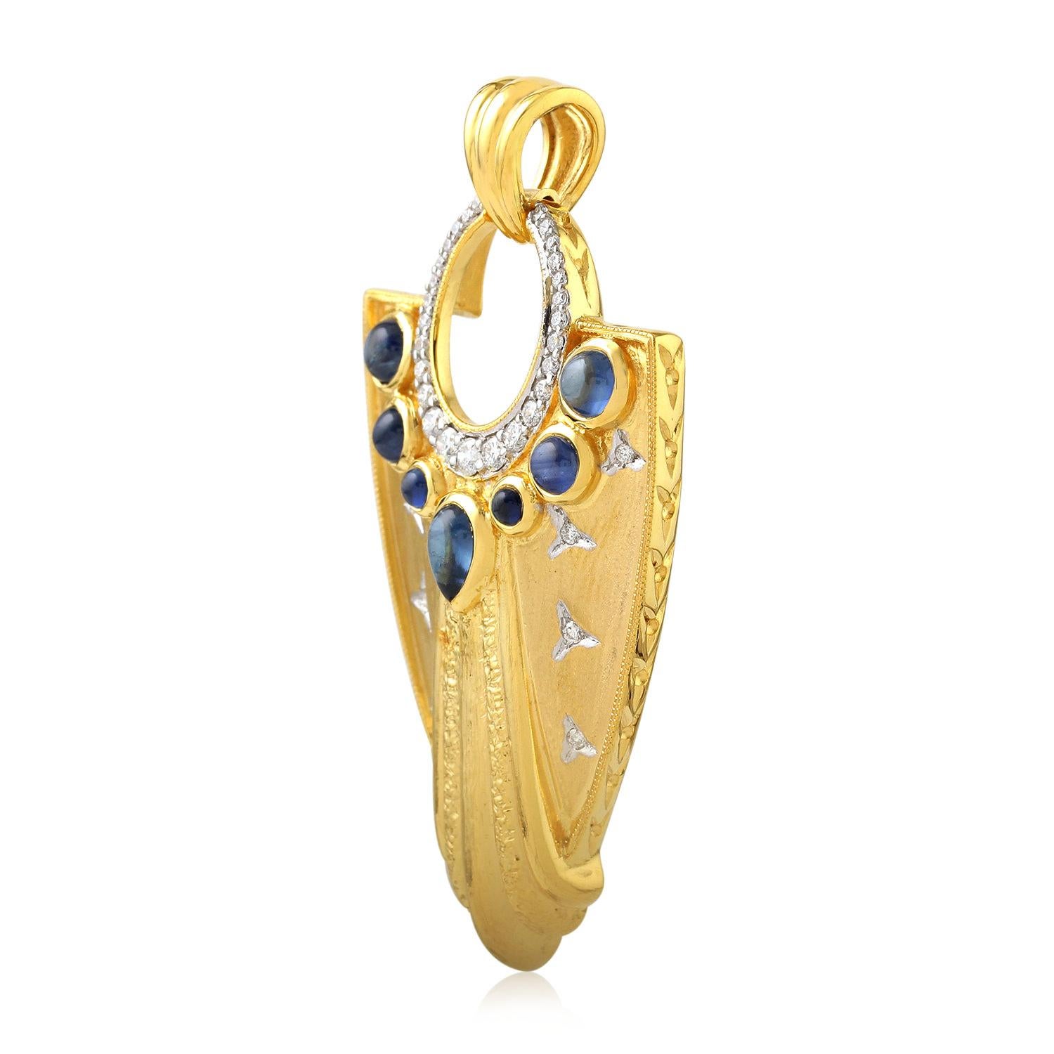 Artisan Sapphire Diamond 14 Karat Gold Warrior Pendant Necklace For Sale