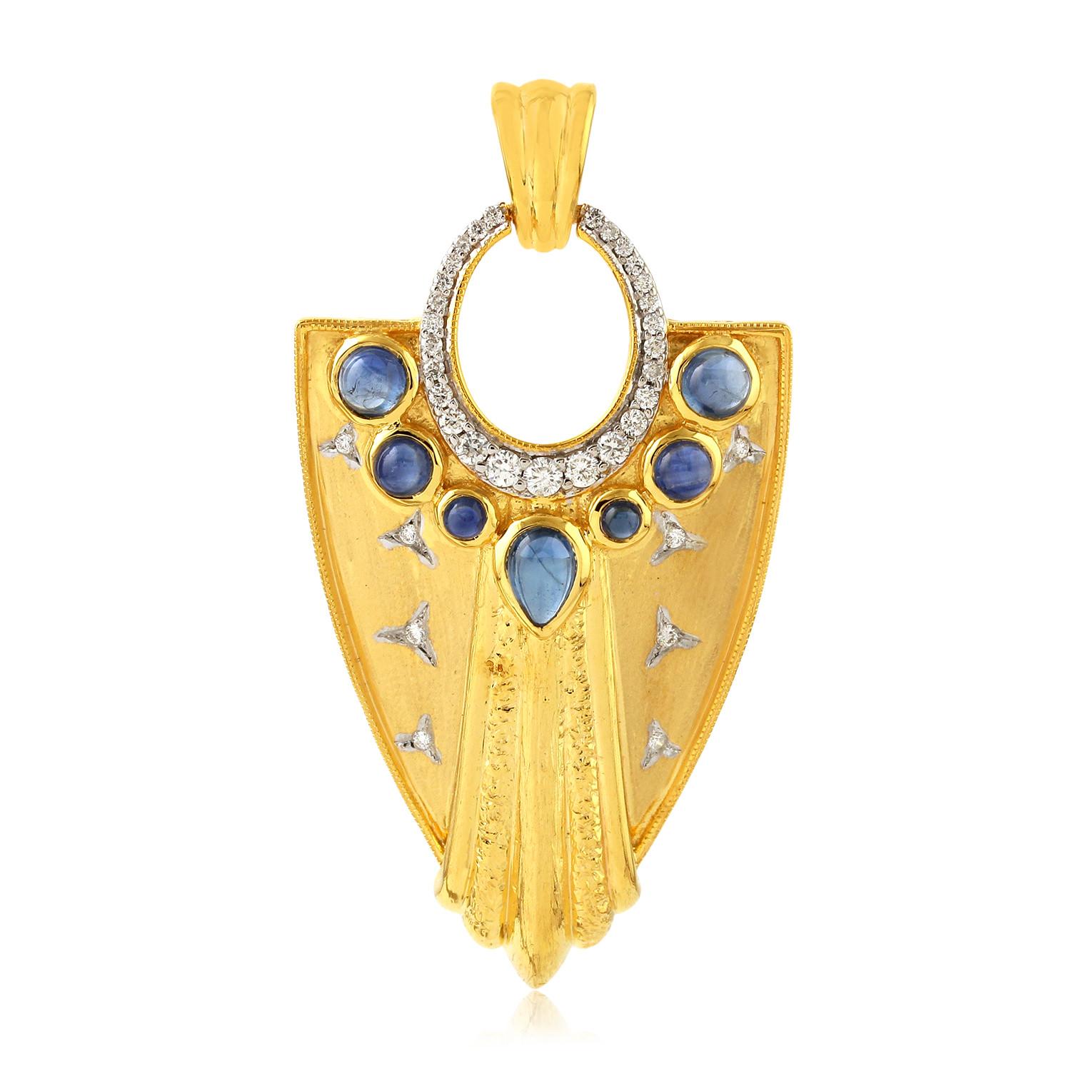 Mixed Cut Sapphire Diamond 14 Karat Gold Warrior Pendant Necklace For Sale