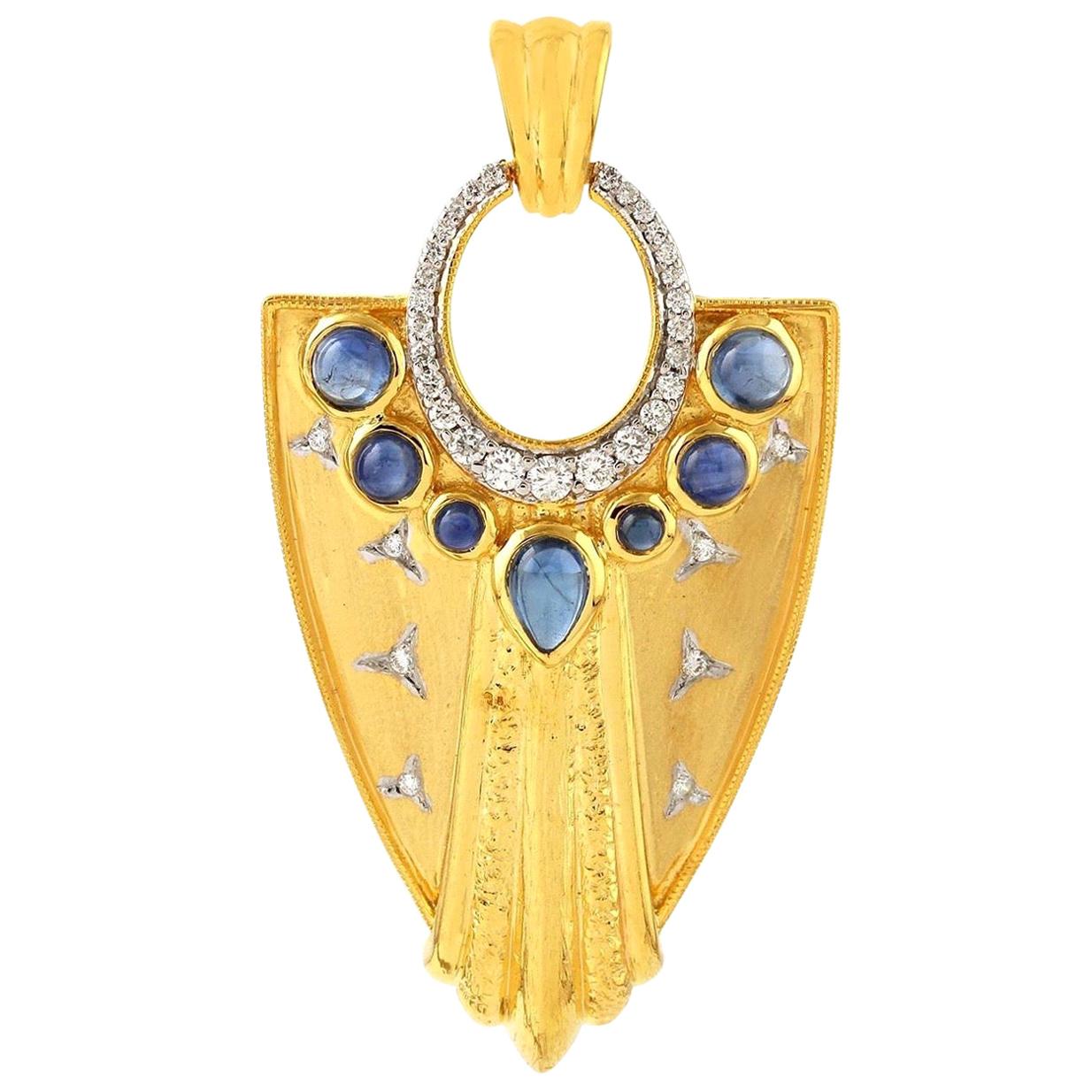 Sapphire Diamond 14 Karat Gold Warrior Pendant Necklace For Sale