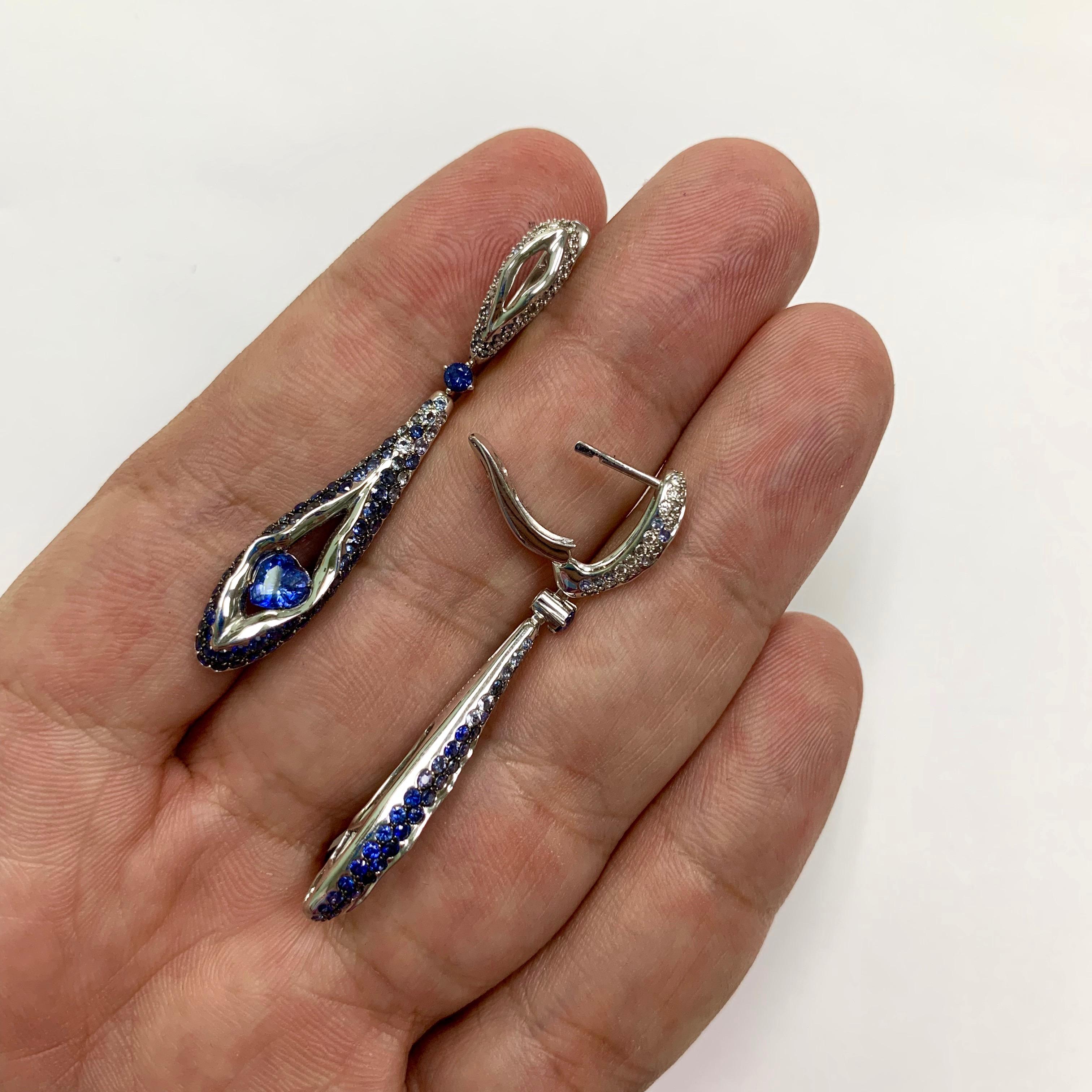 Women's Sapphire Diamond 18 Karat White Gold Heartbeat Earrings