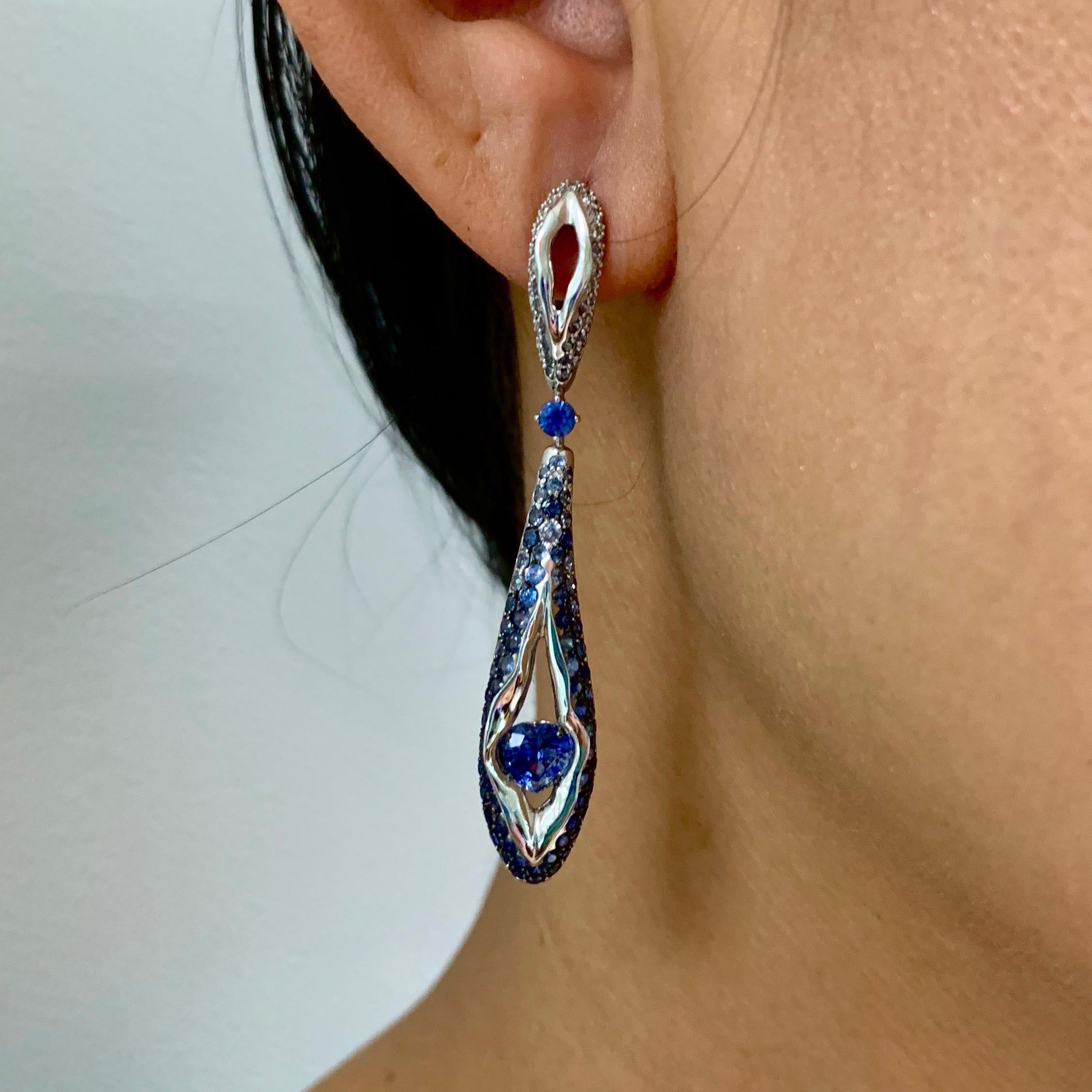 Sapphire Diamond 18 Karat White Gold Heartbeat Earrings For Sale 1