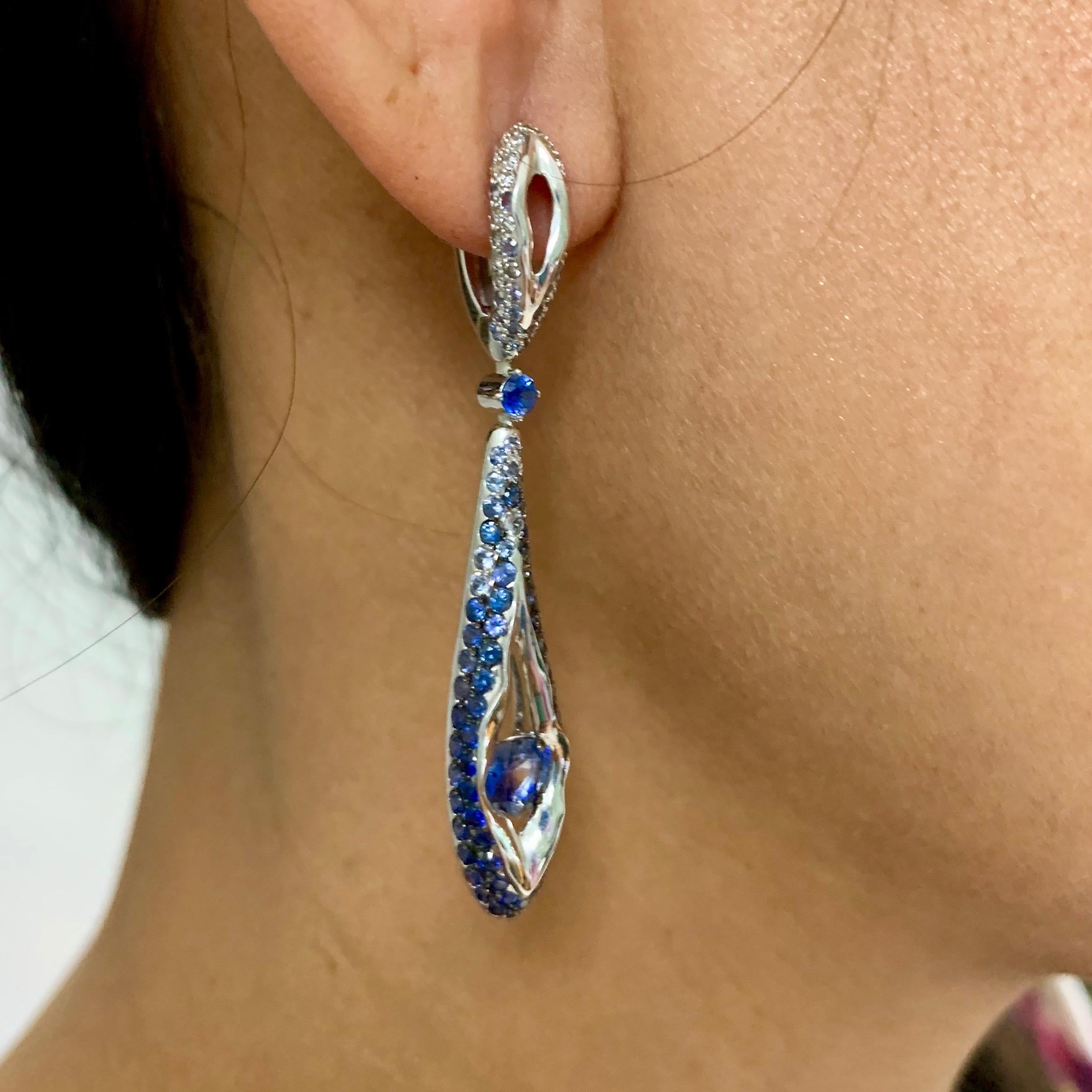 Sapphire Diamond 18 Karat White Gold Heartbeat Earrings For Sale 2