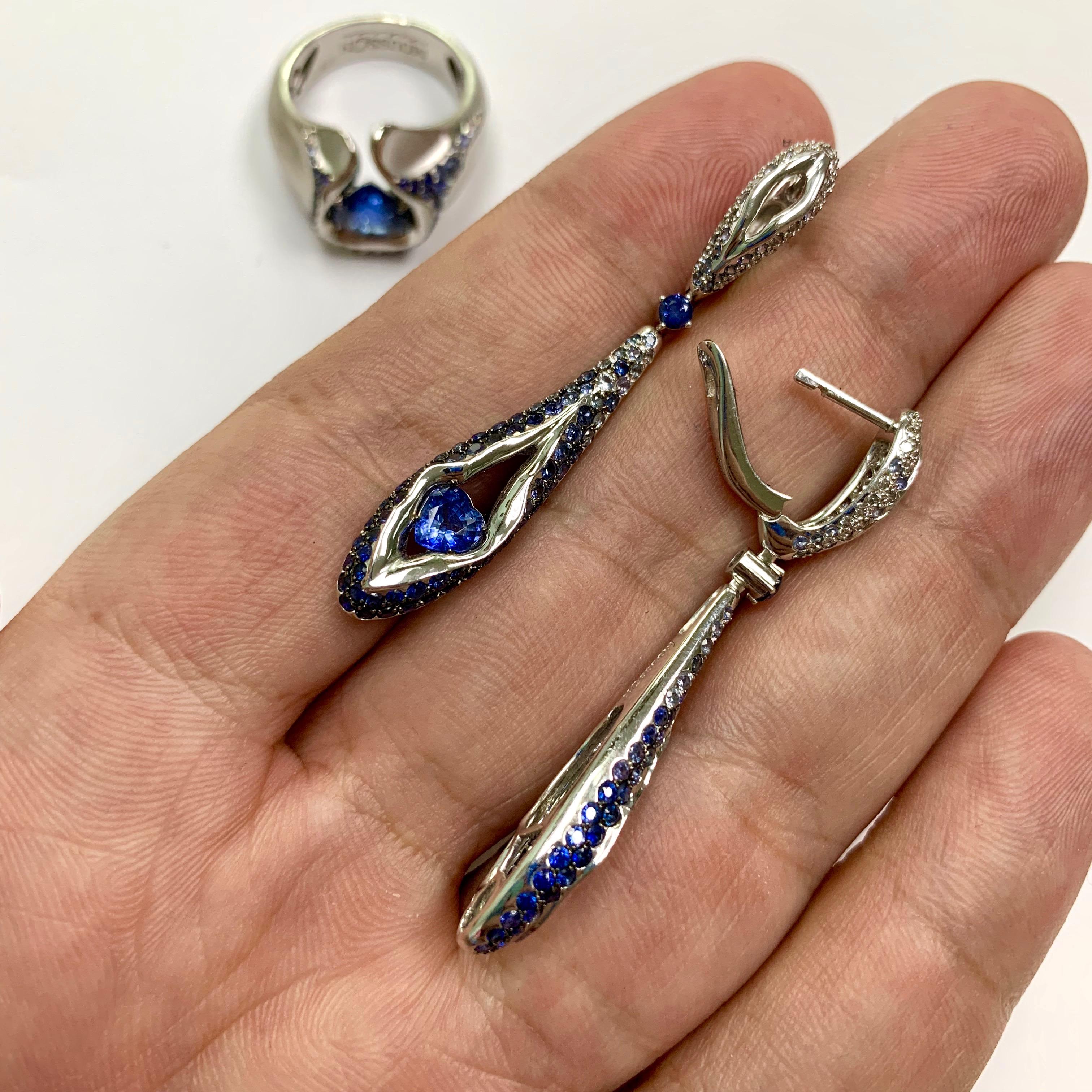 Sapphire Diamond 18 Karat White Gold Heartbeat Earrings 3