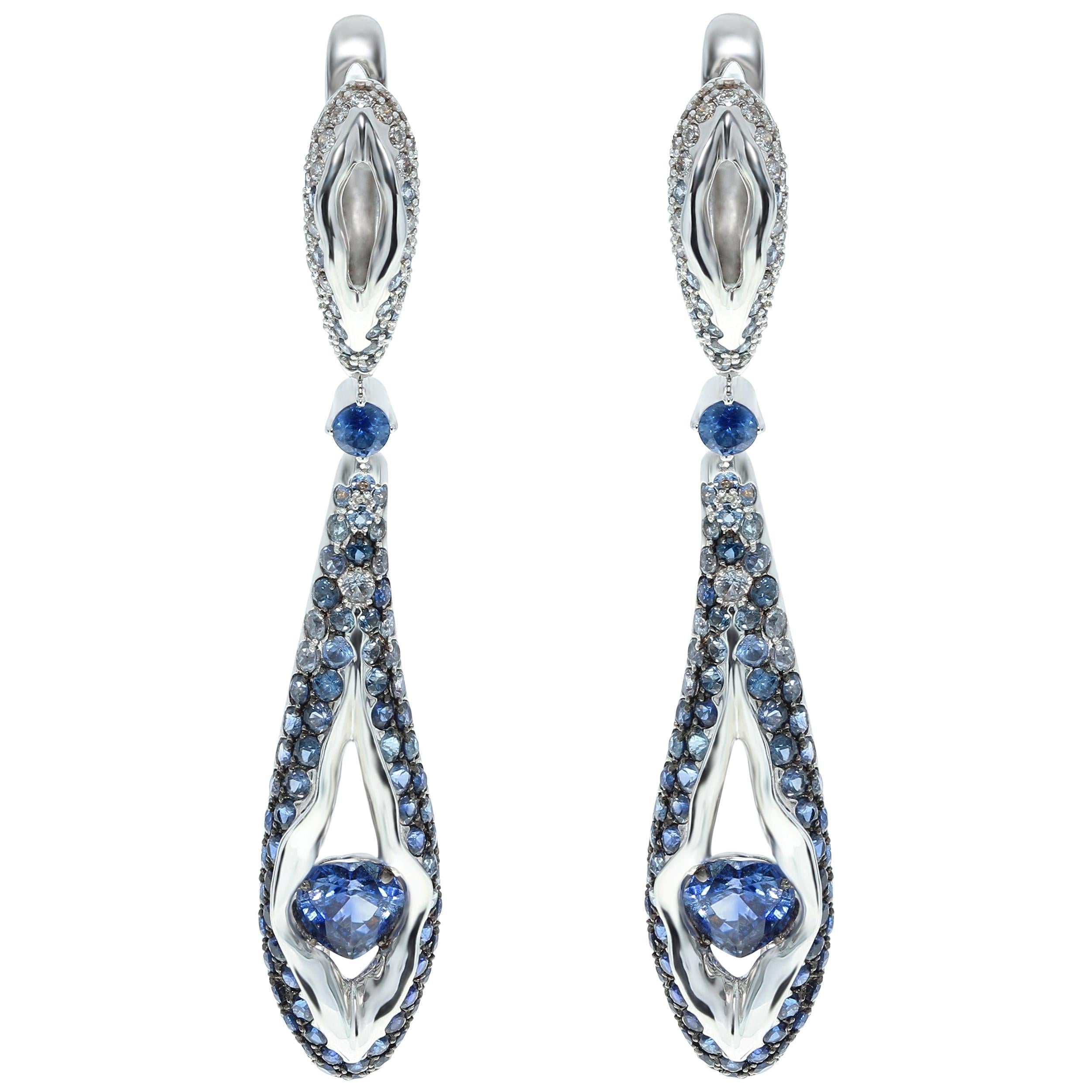 Sapphire Diamond 18 Karat White Gold Heartbeat Earrings